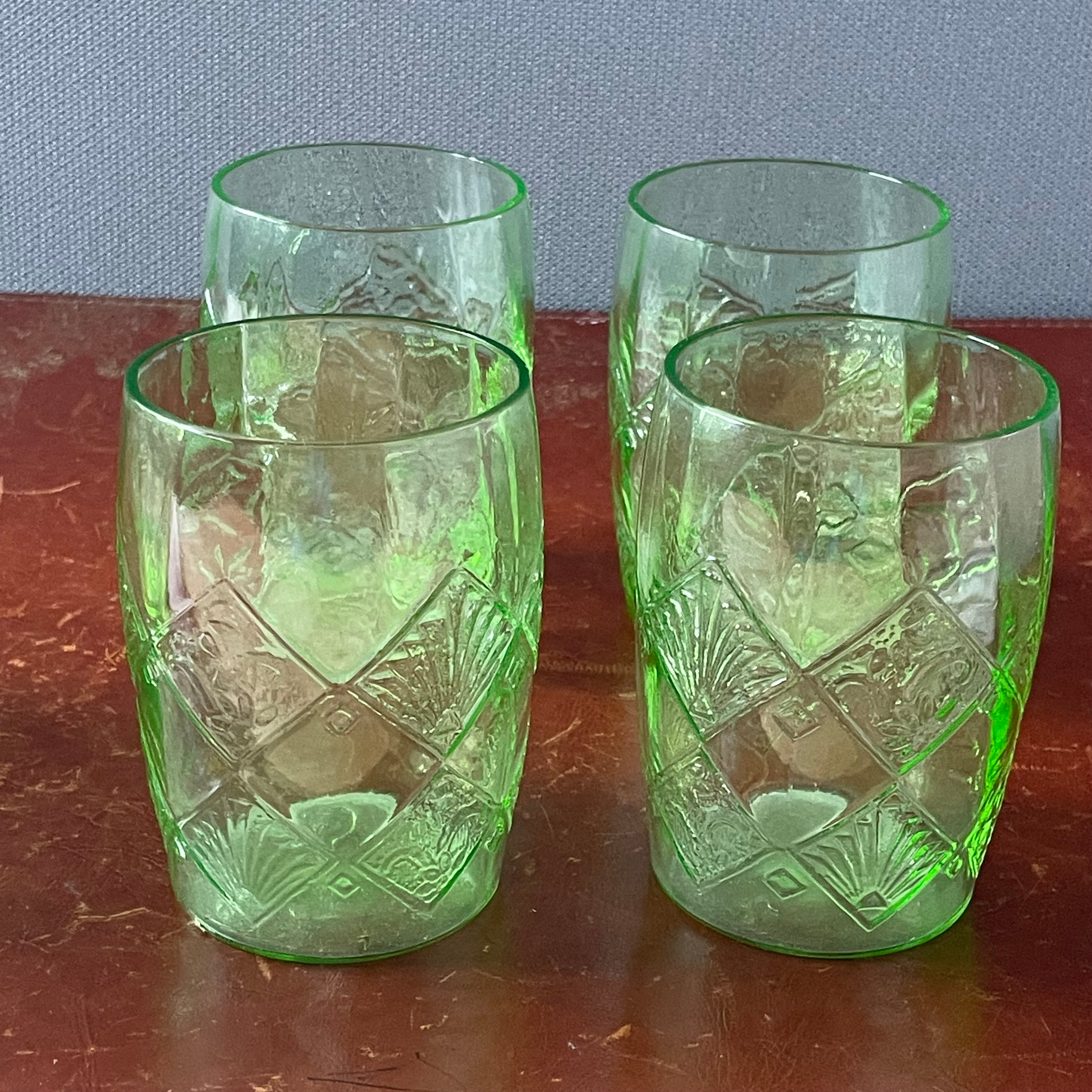 Set of 5 Pieces Vintage Anchor Hocking Fan & Flower Green Uranium Glass Pitcher with 4 Glasses, 1930's