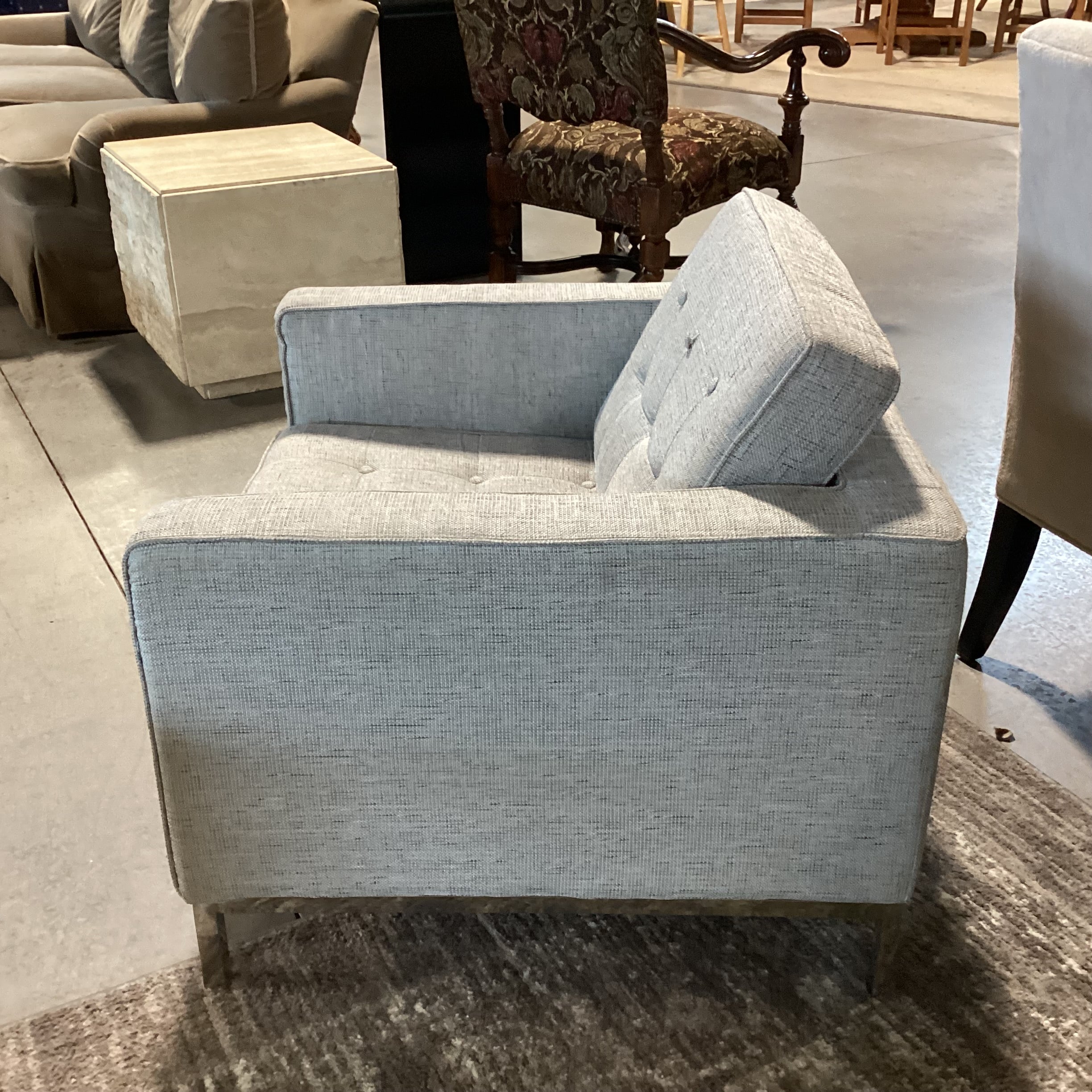 Modern Heathered Grey Woven Button Tufted & Chrome Chair 31"x 19"x 28.5"