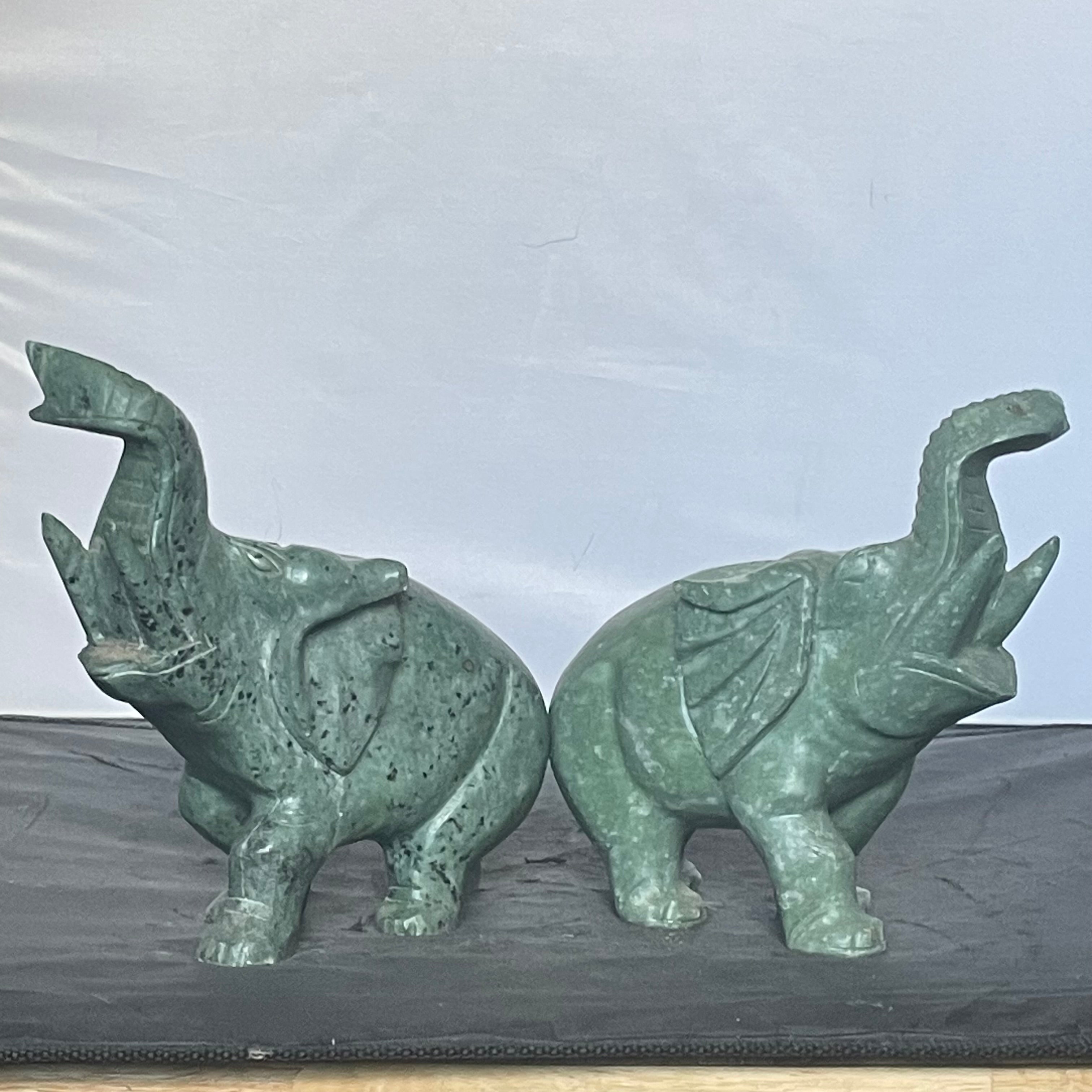 Hand Carved Spinach Jade or Verdite Elephant Figurines, Pair
