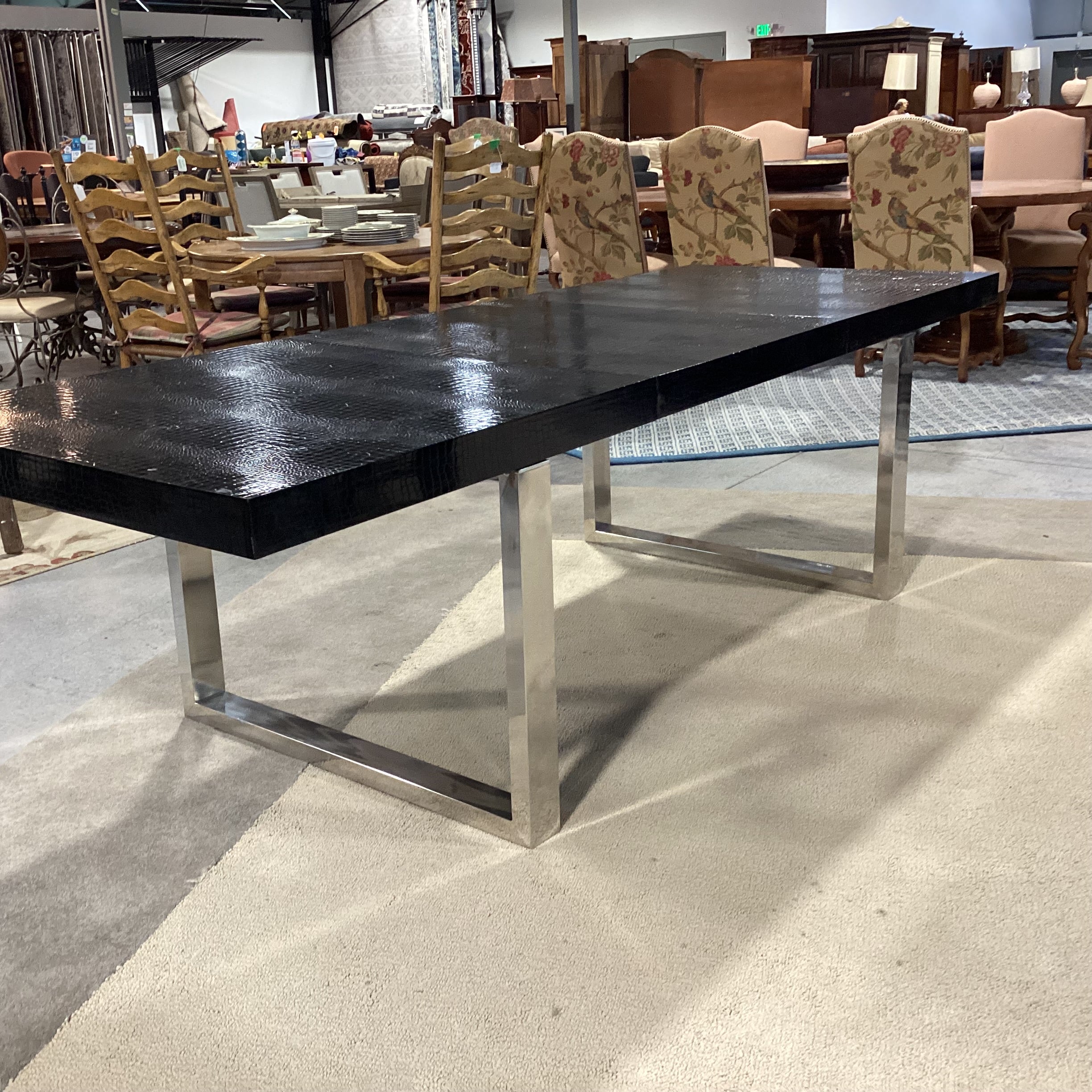 A & X Casa Luxury Collection Skyline Modern Black Krocodile Lacquer & Chrome 1 Leaf Dining Table 71" to 100.5"x 37"x 29"