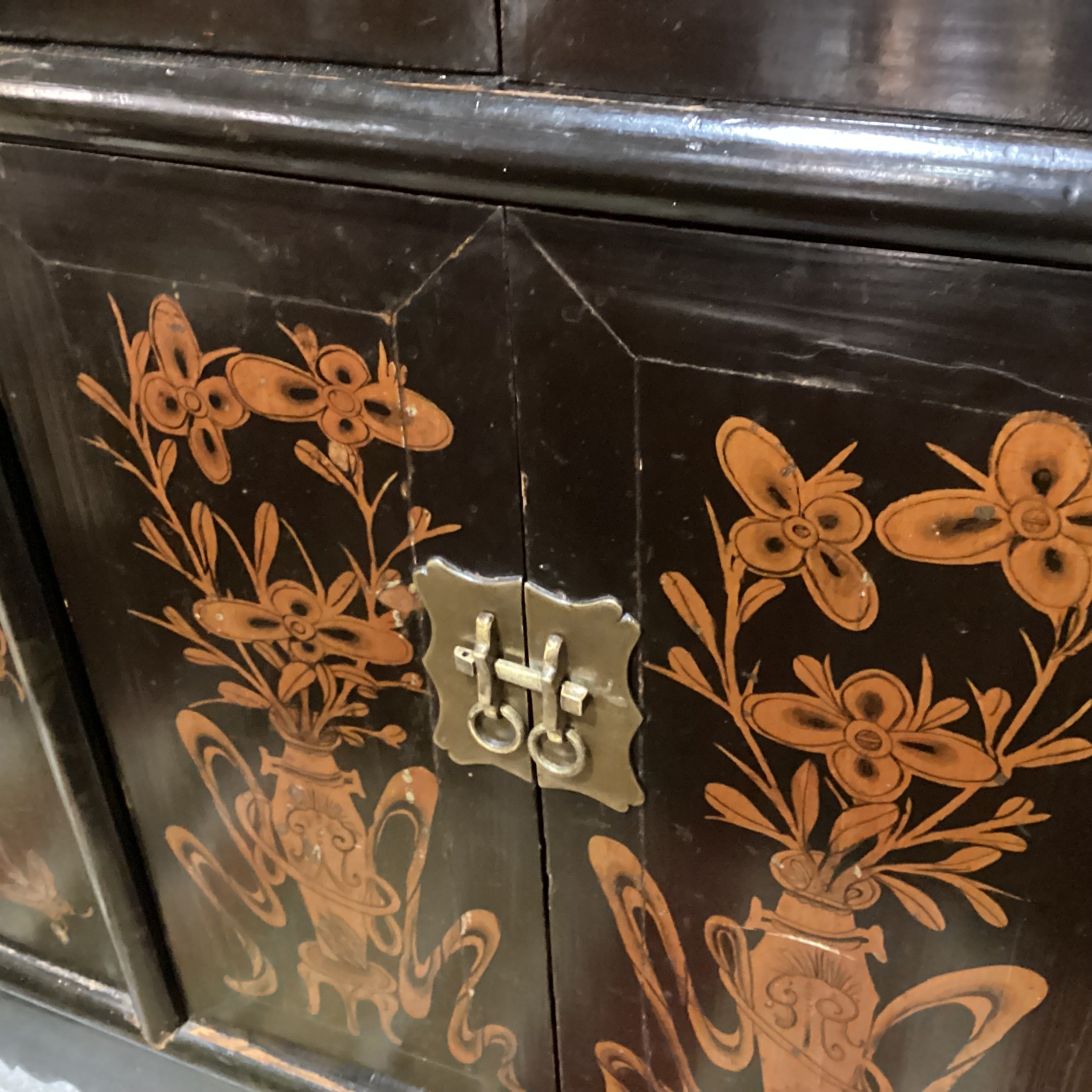 Vintage Antique Asian Black Lacquer & Gold Painted Vase Florals 4 Door with Shelves Armoire 52"x 23"x 79"