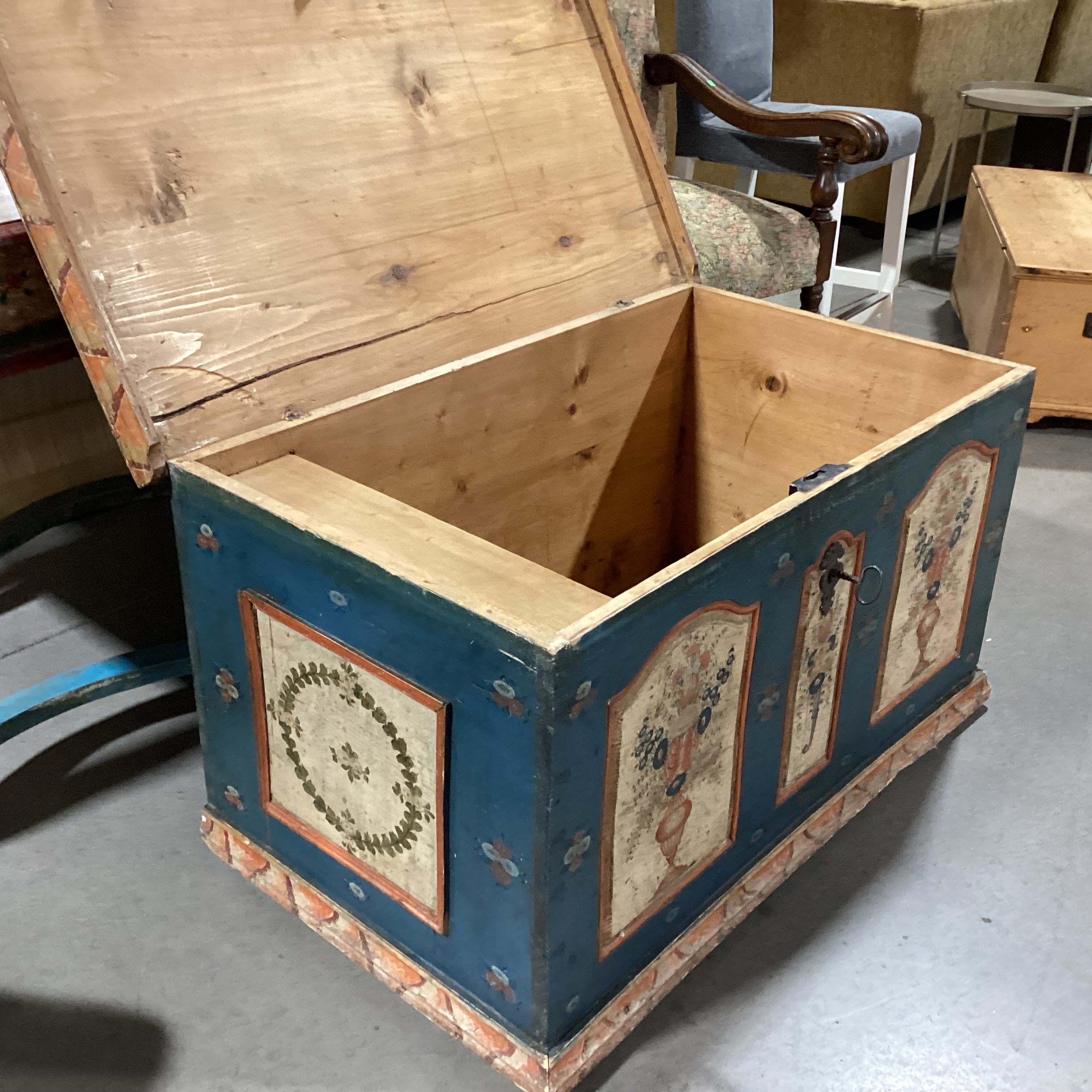 Antique Carved Wood Hand Painted Blue with Floral Panels Trunk 42"x 25"x 23.5"