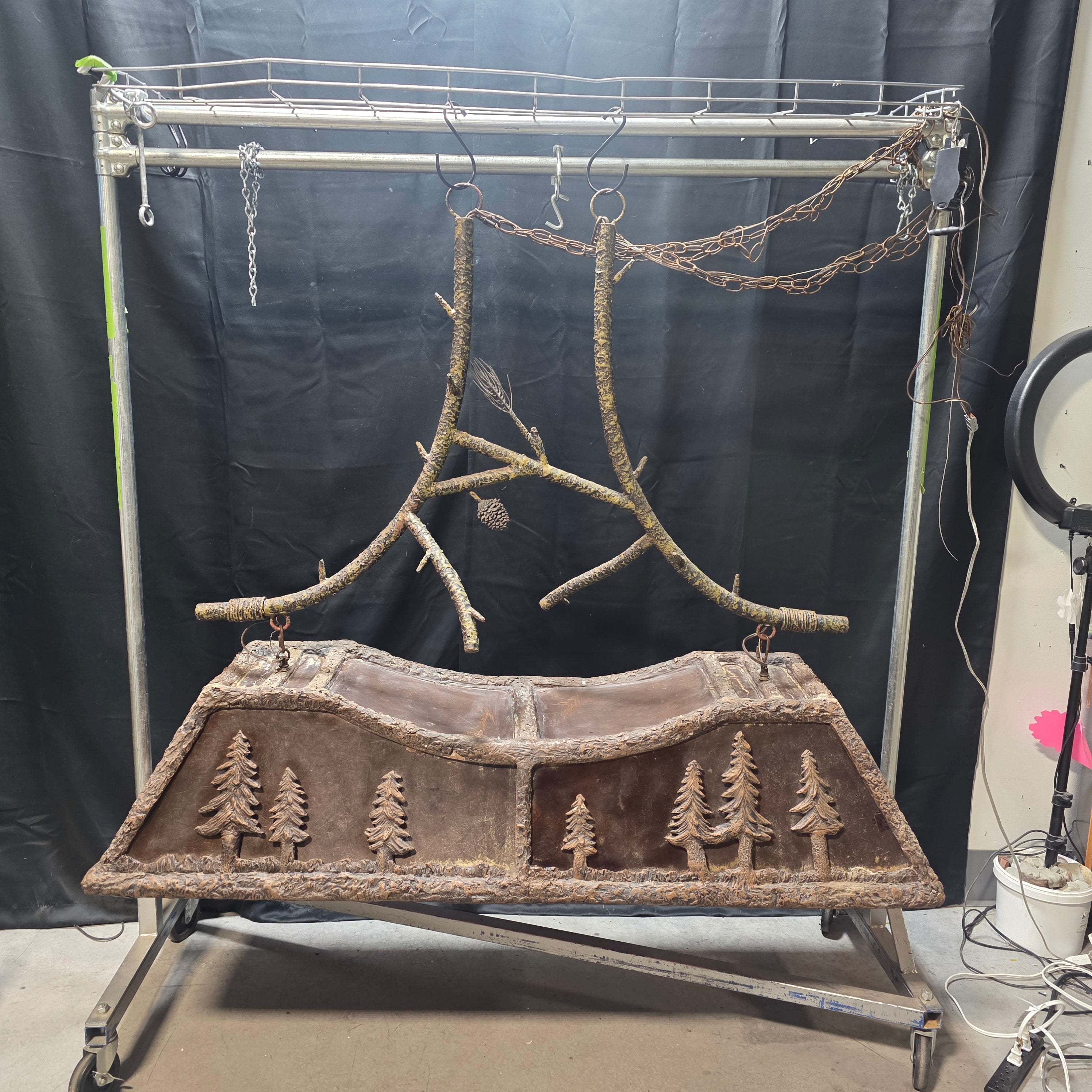 Vintage Pine Tree Formica Pool Table / Kitchen Island Light With Pine Tree Branches Hanging Structure 57"x27"x49"
