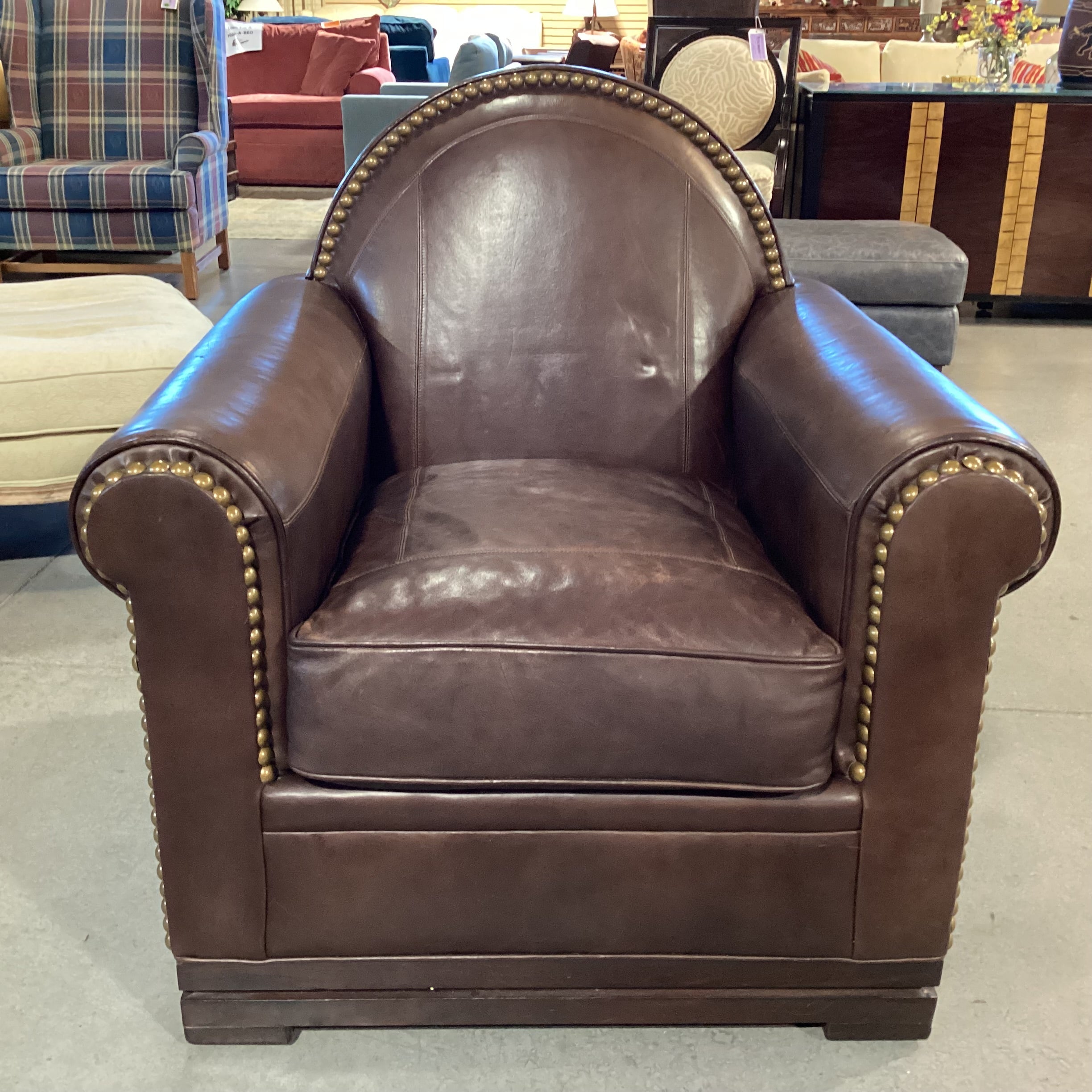 Mulholland Brothers Home Collection by Eric Brand Art Deco Style Leather Nailhead with Ottoman Club Chair 36"x 35"x 37.5"