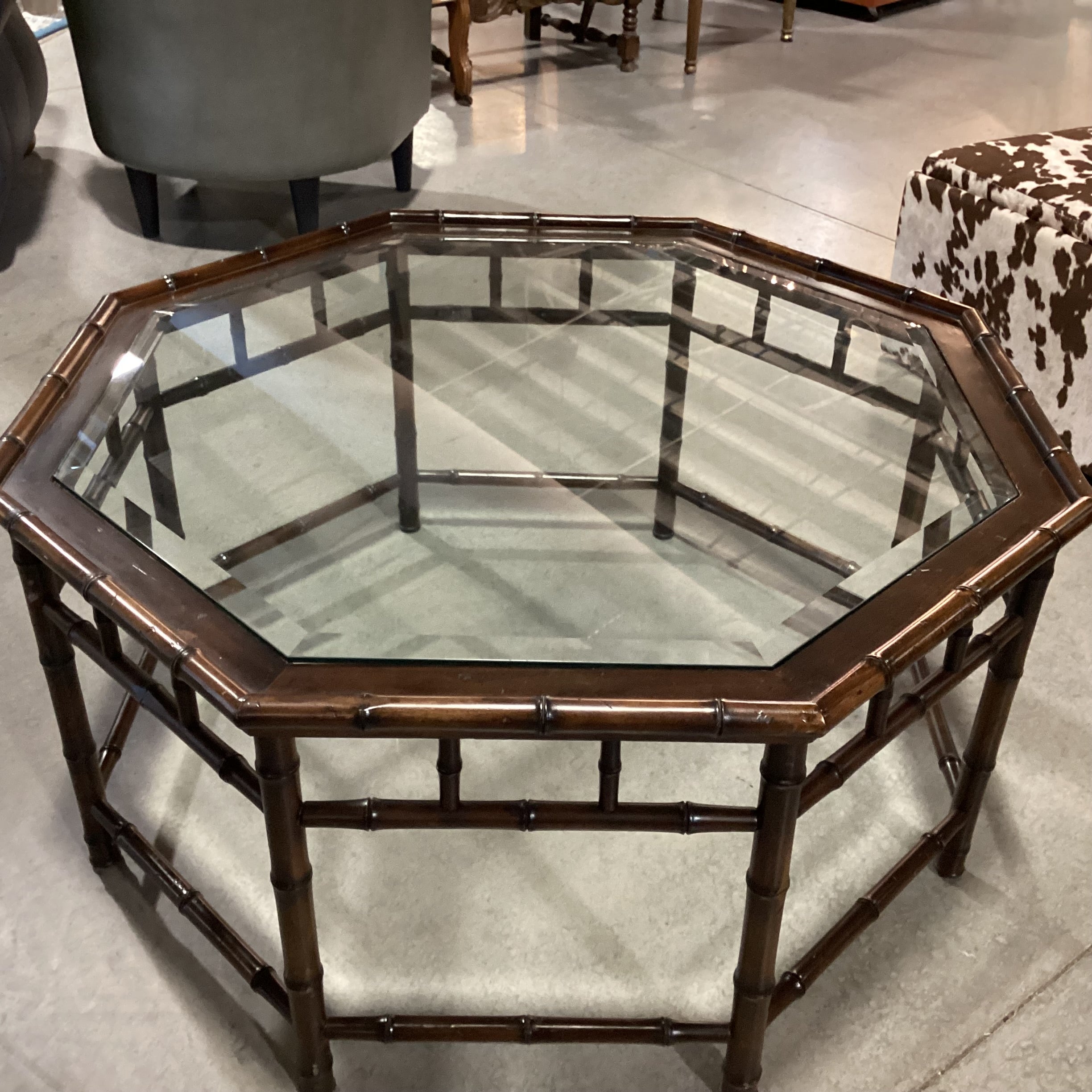Vintage Hollywood Regency Bamboo Style Wood & Glass Octagonal Coffee Table 40.5"x 40.5"x 20"