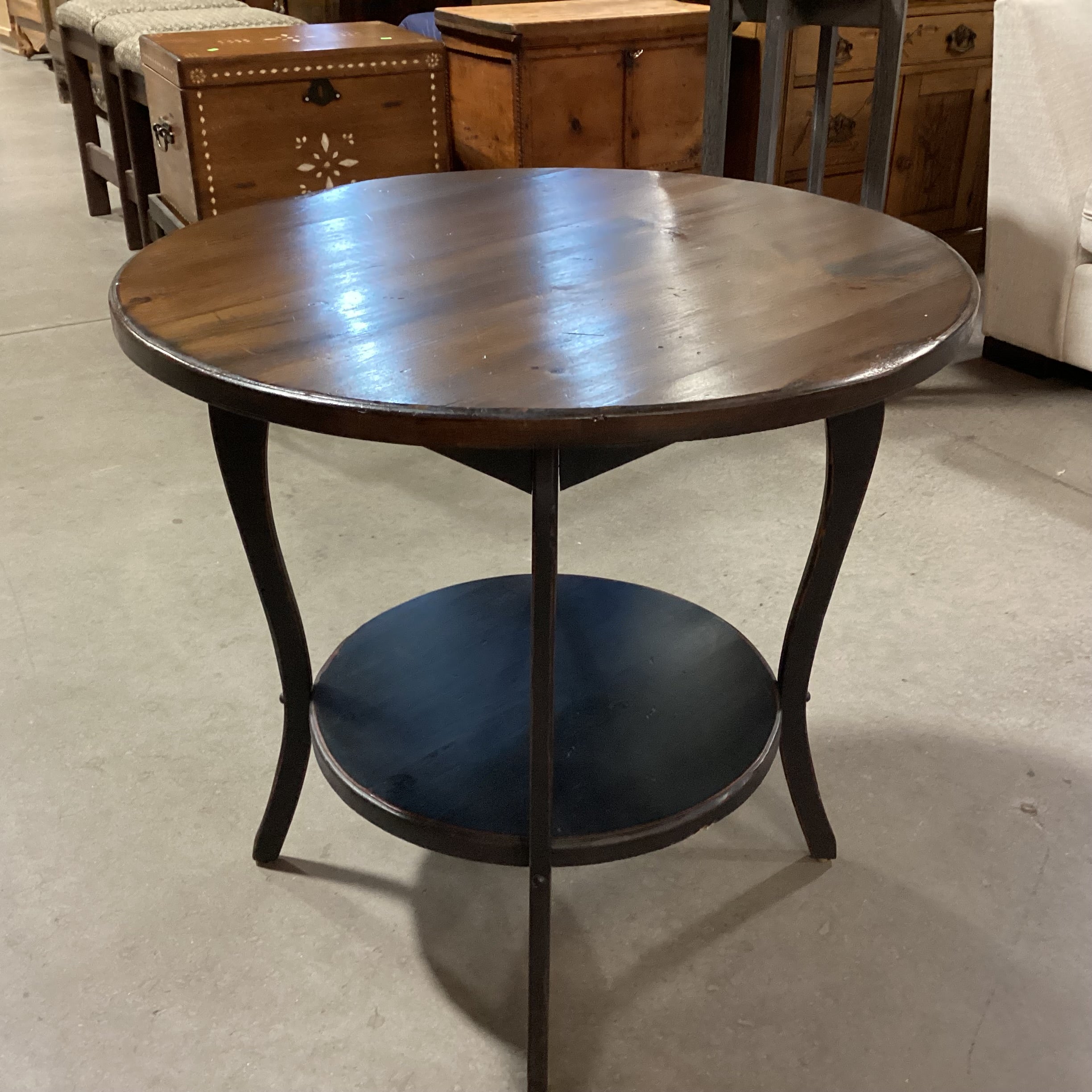 2 Tone Finish Carved Wood 2 Tiered Round Accent Table 30" Diameter x 28"
