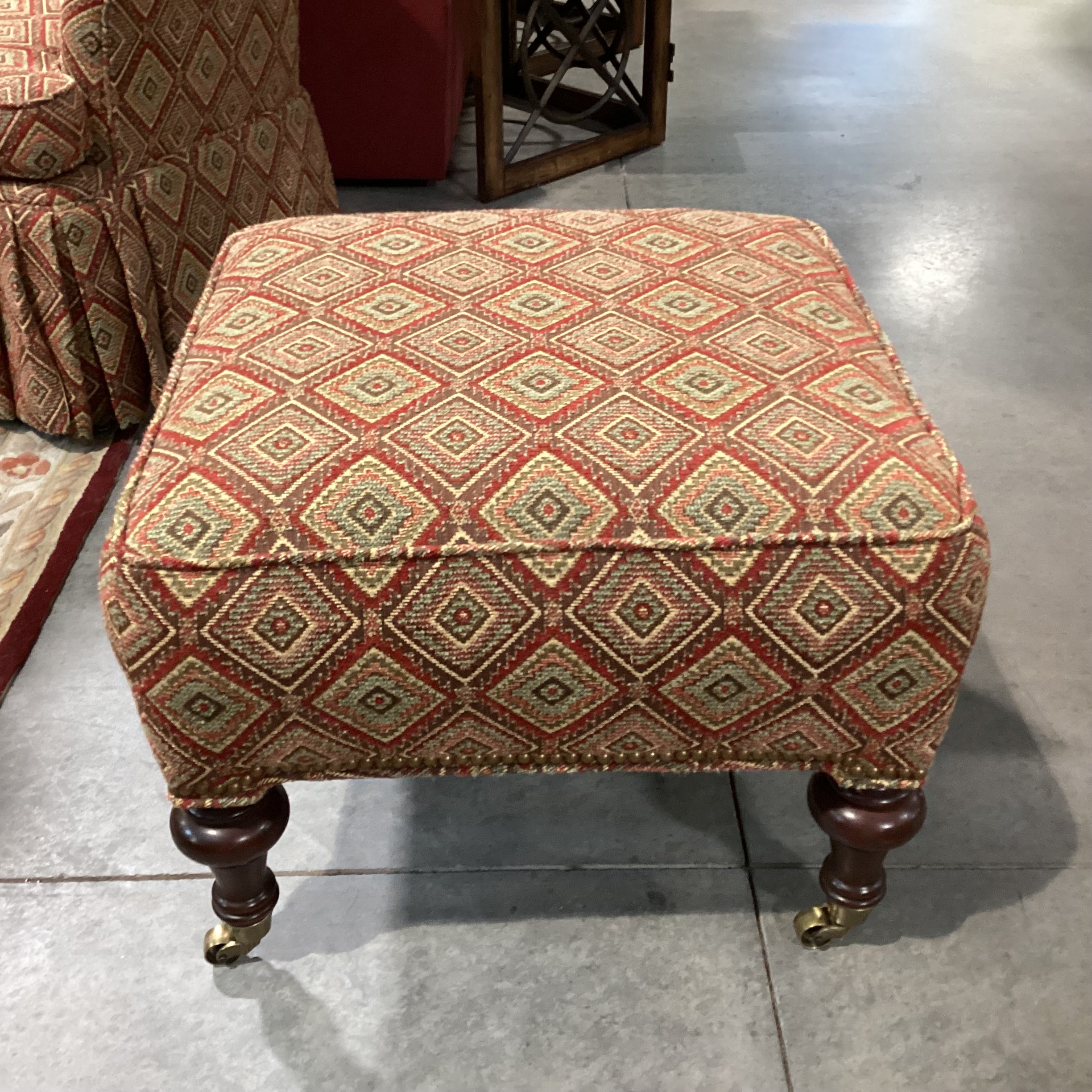 Dindy Foster Interiors Brown Gold Red Sage Woven Diamond Pattern & Carved Wood Brass Casters Ottoman  24"x 24"x 18"