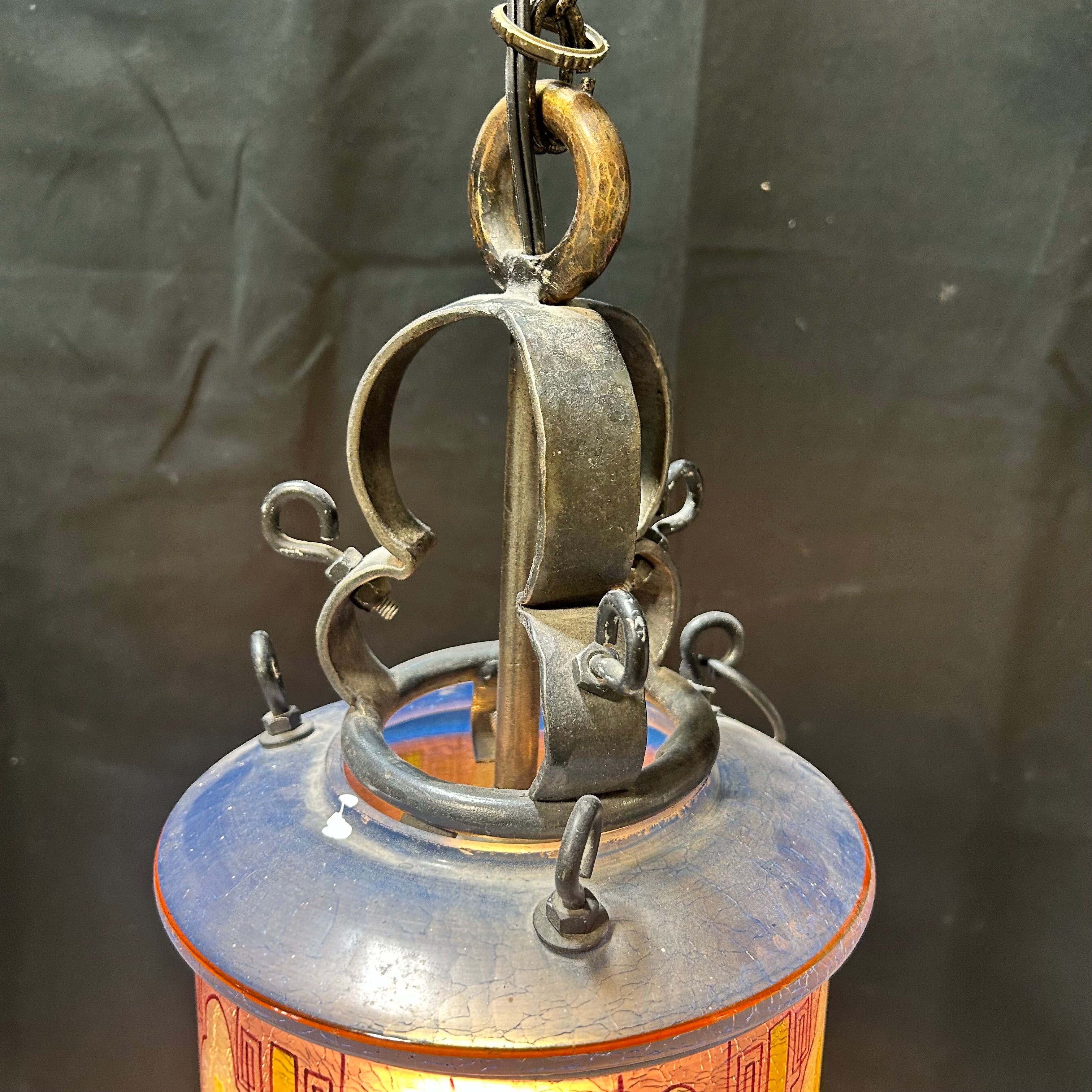 Ottoman Glass Lantern Early 20th Century With Crackle Painted Glass 8"x 19"