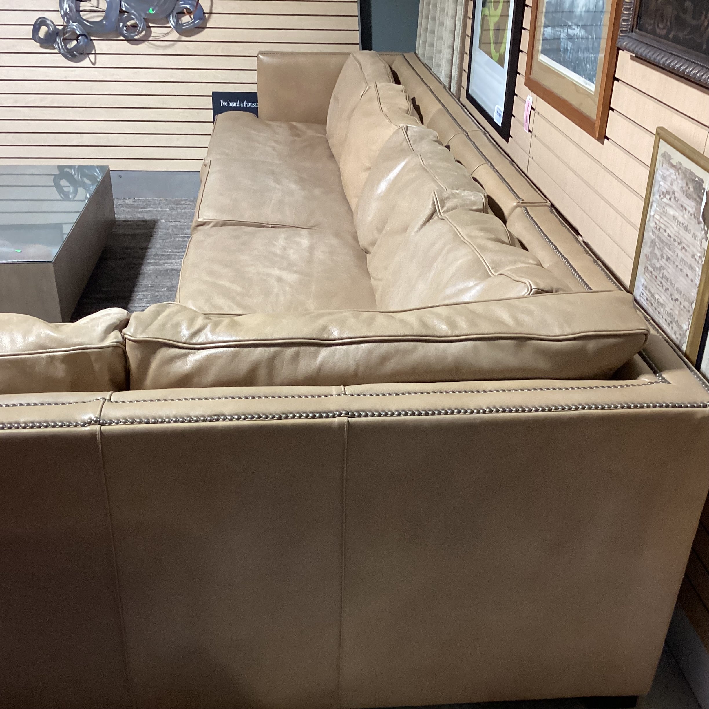 Restoration Hardware Tan Leather Nailhead Down Mix 2 Piece Sectional 145"x 112"x 44"x 31"