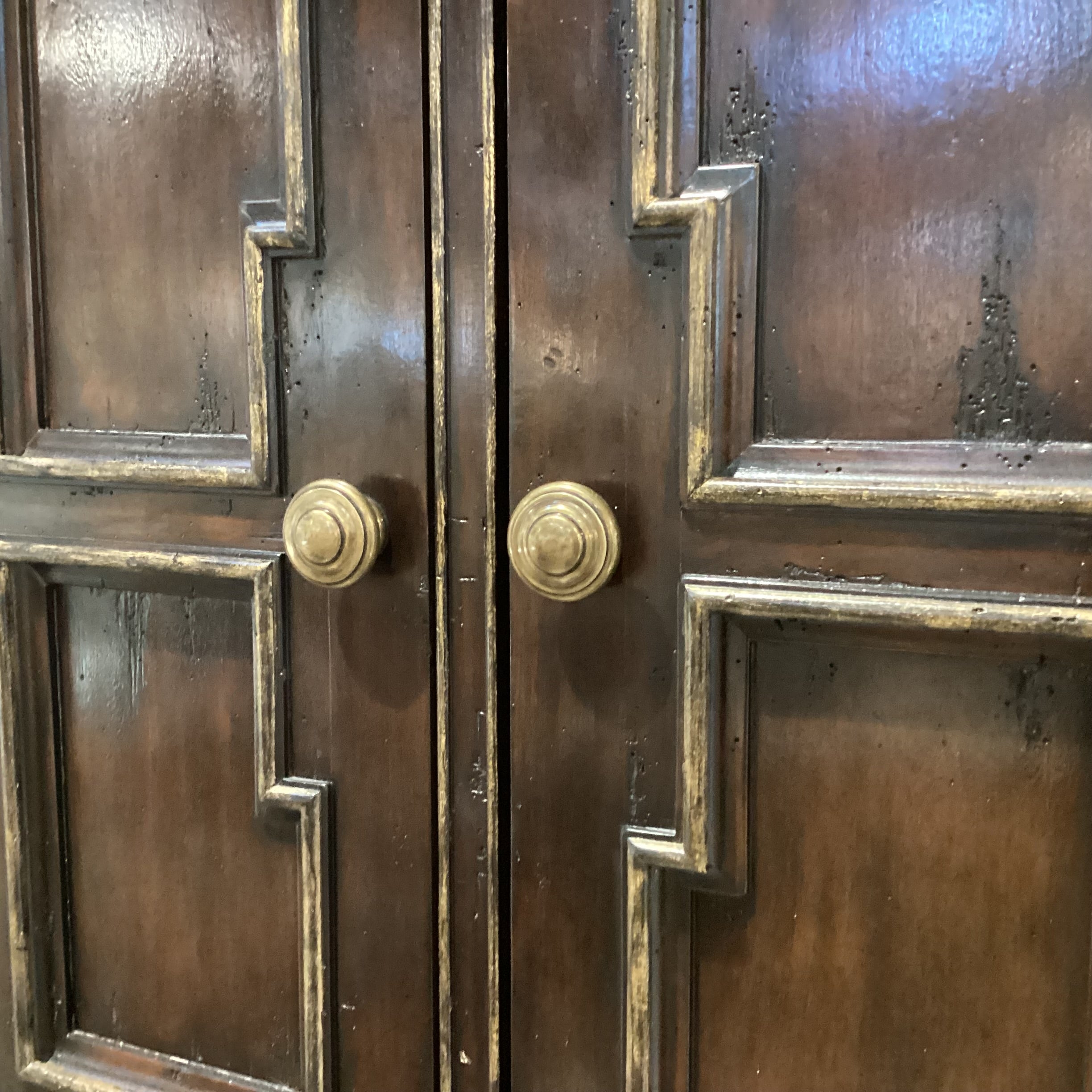 Marge Carson Dark Distressed with Brushed Gold Carved Wood Brass Pulls 5 Drawer 2 Door Wardrobe Armoire 64"x 32"x 94"
