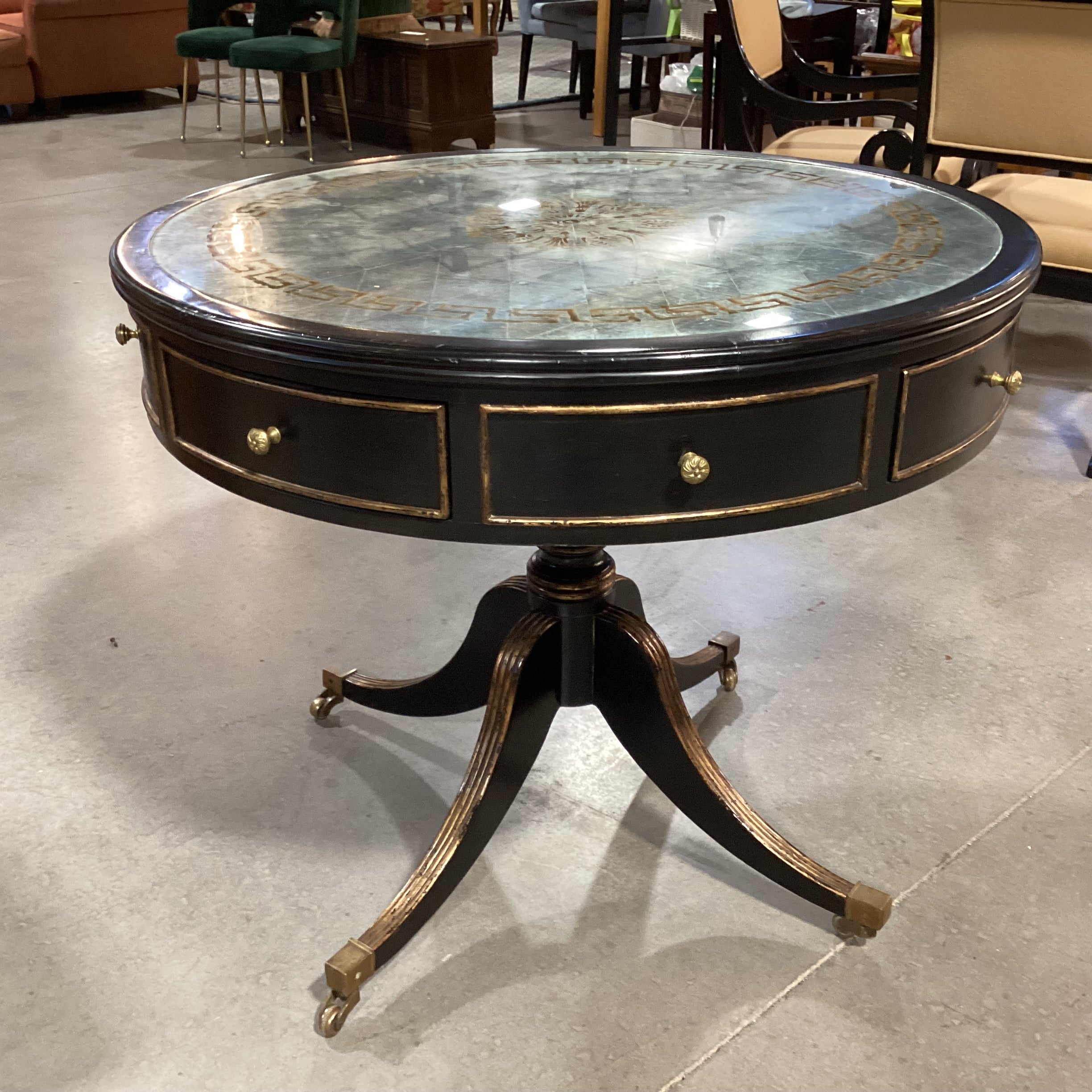 Black Gilded Gold Accent Wood & Gold Silver Antiqued Glass Top 4  Drawer with Casters Accent Table 37" Diameter x 30.5"
