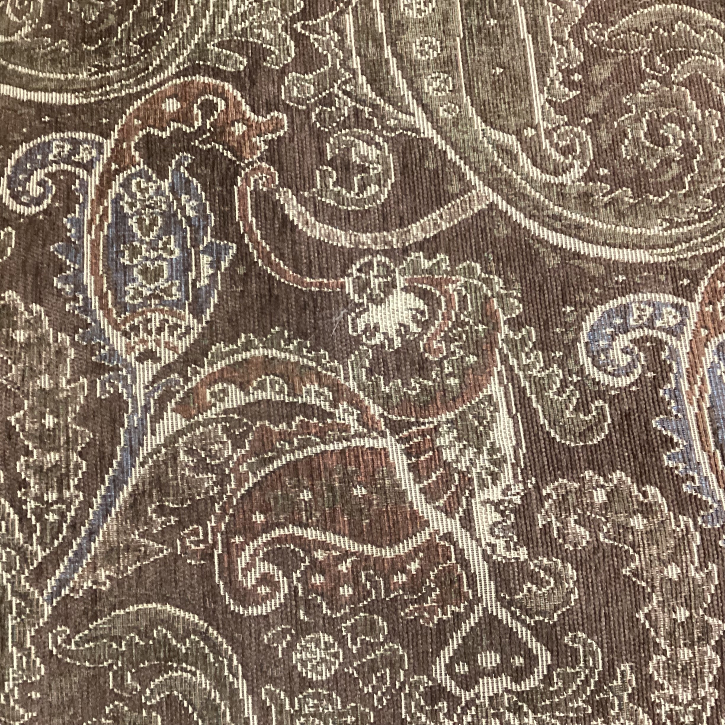 Vintage Brown Tones Paisley & Carved Wood Wing Chair 26"x 36"x 43"