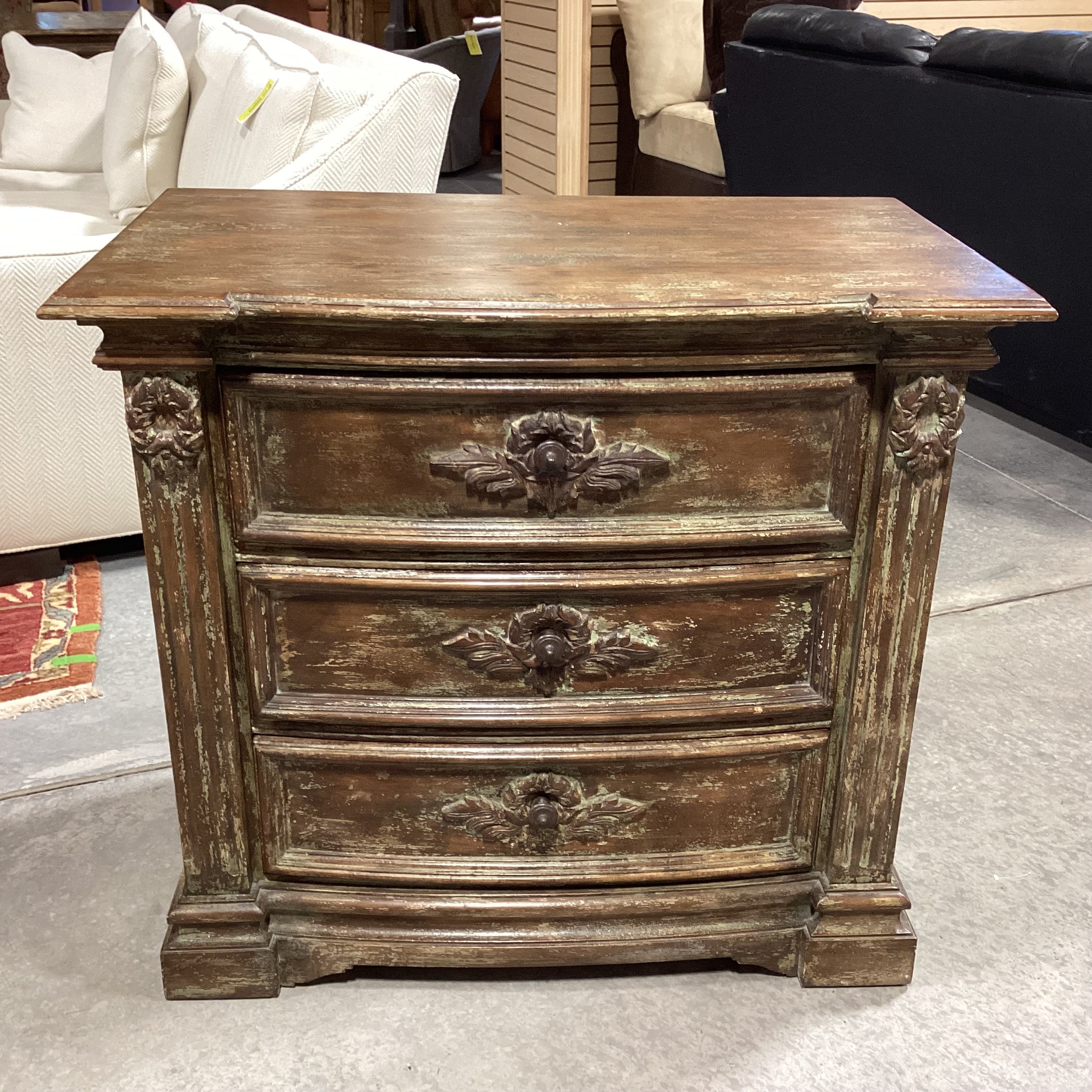 Antiqued Distressed Carved Wood 3 Drawer Nightstand 36"x 20"x 33"