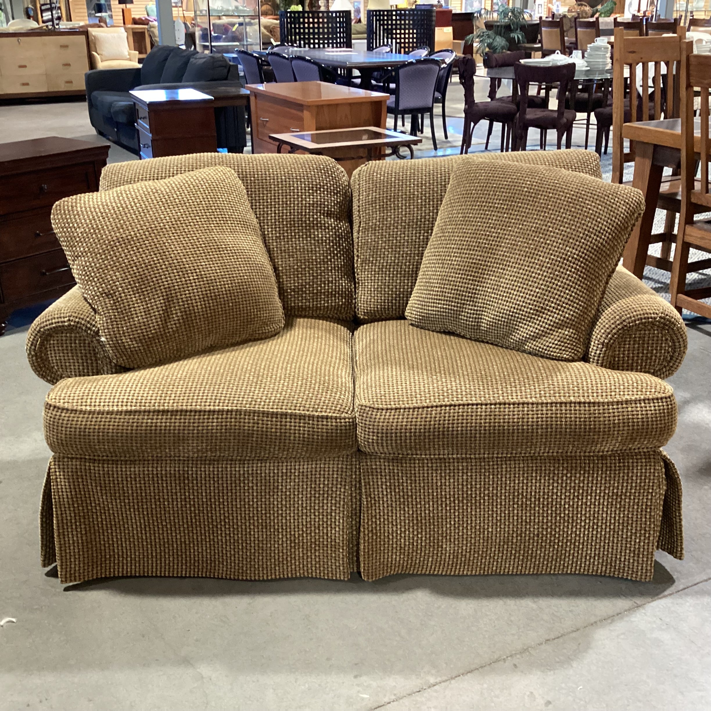 Perlmutter Freiwald Gold & Brown Basketweave Upholstered & Down Loveseat Sofa 63"x 35"x 31"