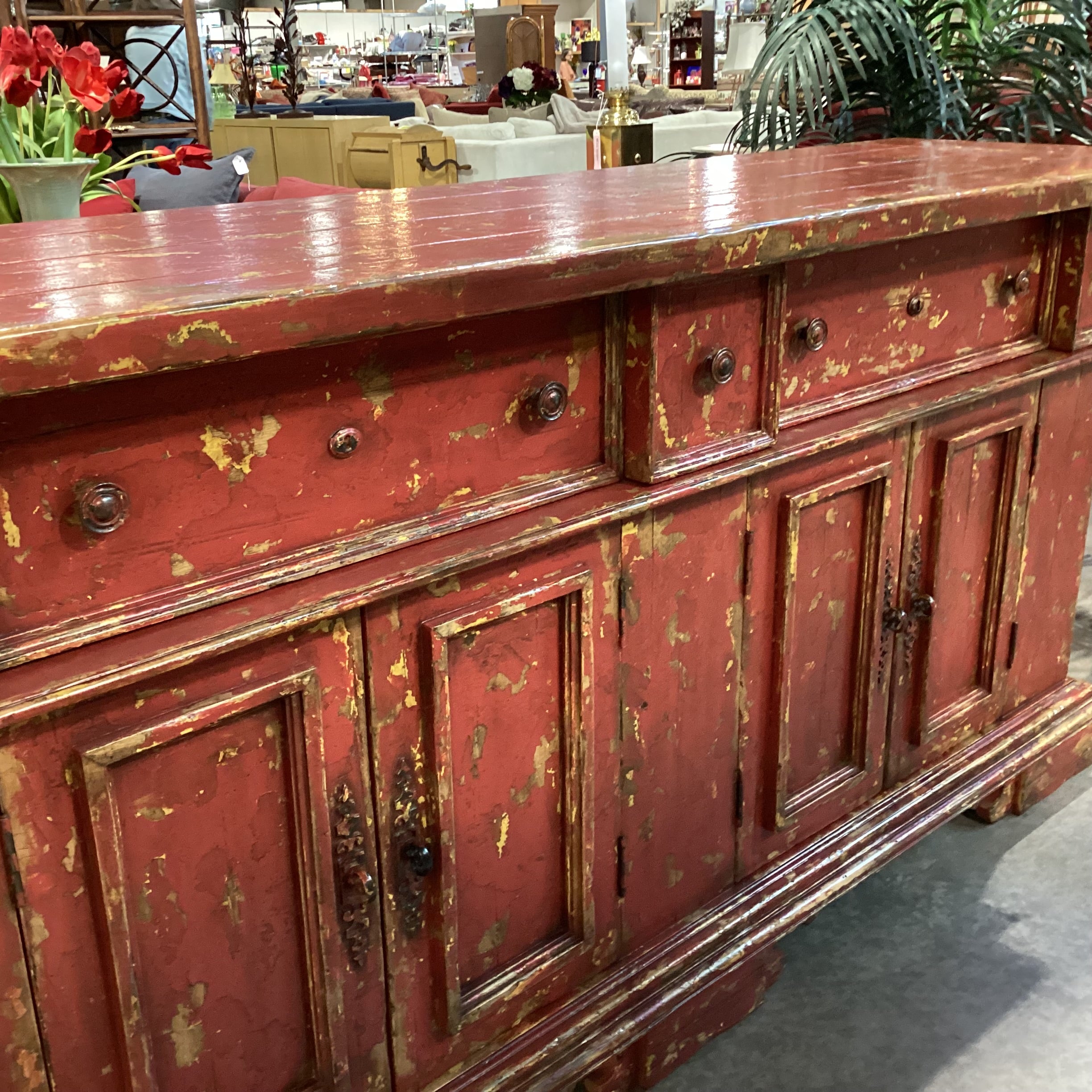 Red & Gold Textured Antiqued Finish Solid Wood 5 Drawer 4 Door Credenza 83"x 22"x 39"
