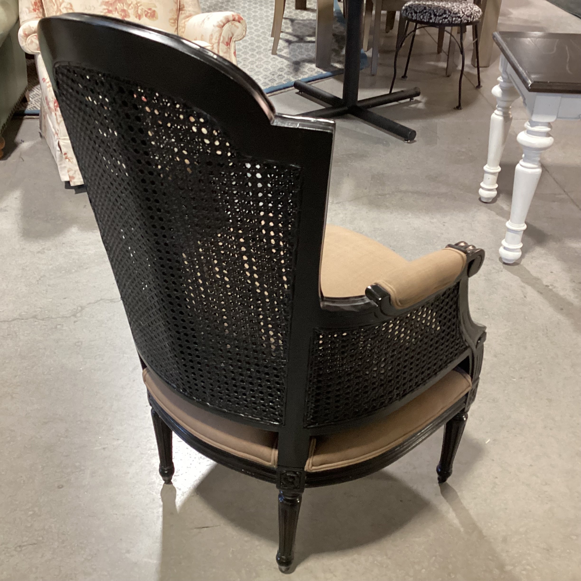 Black French Caning & Carved Wood with Taupe Brown Down Mix Upholstered Chair 26"x 24"x 40"