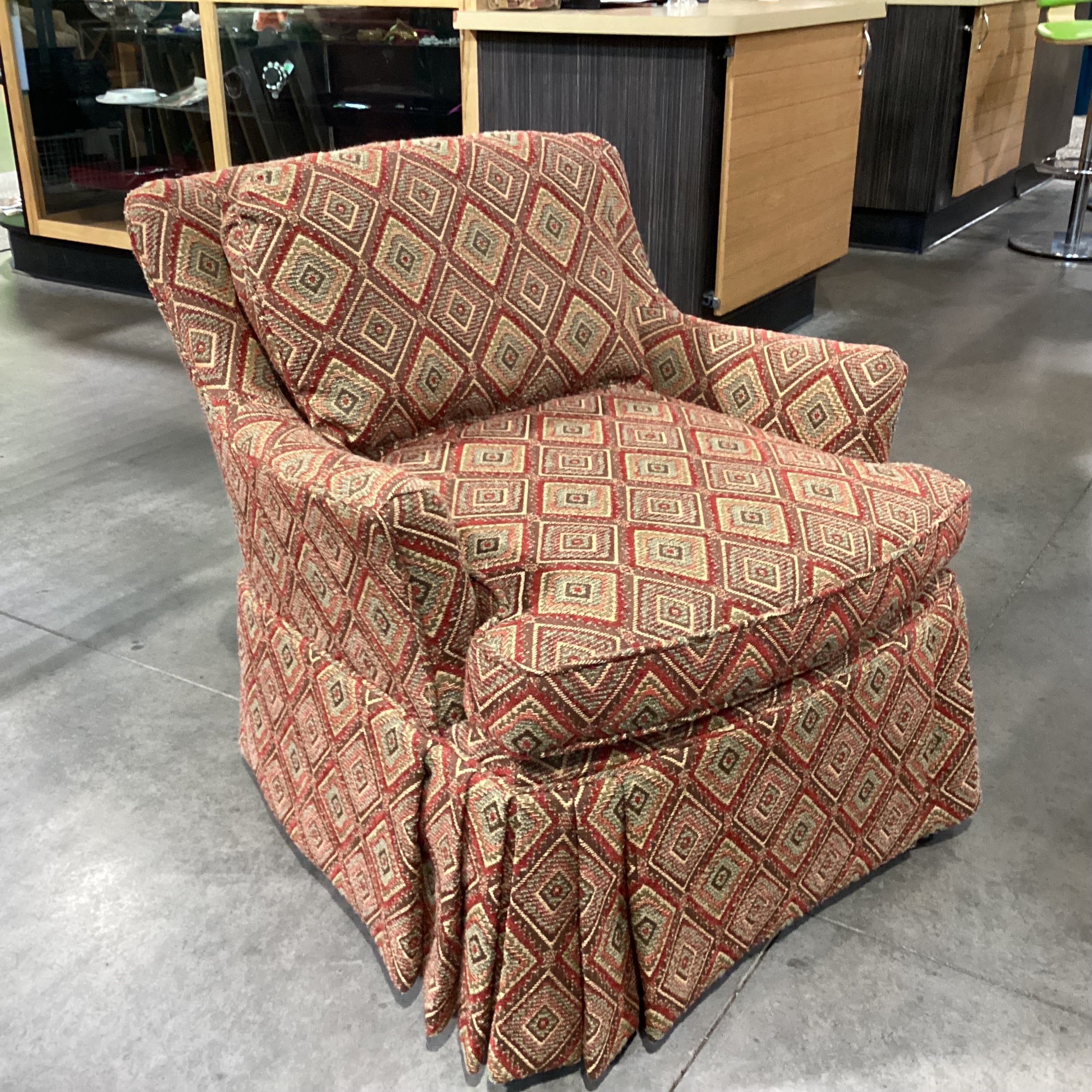 Dindy Foster Interiors Brown Gold Red Sage Diamond Pattern Woven with Tailored Skirt Chair 30"x 32"x 30"