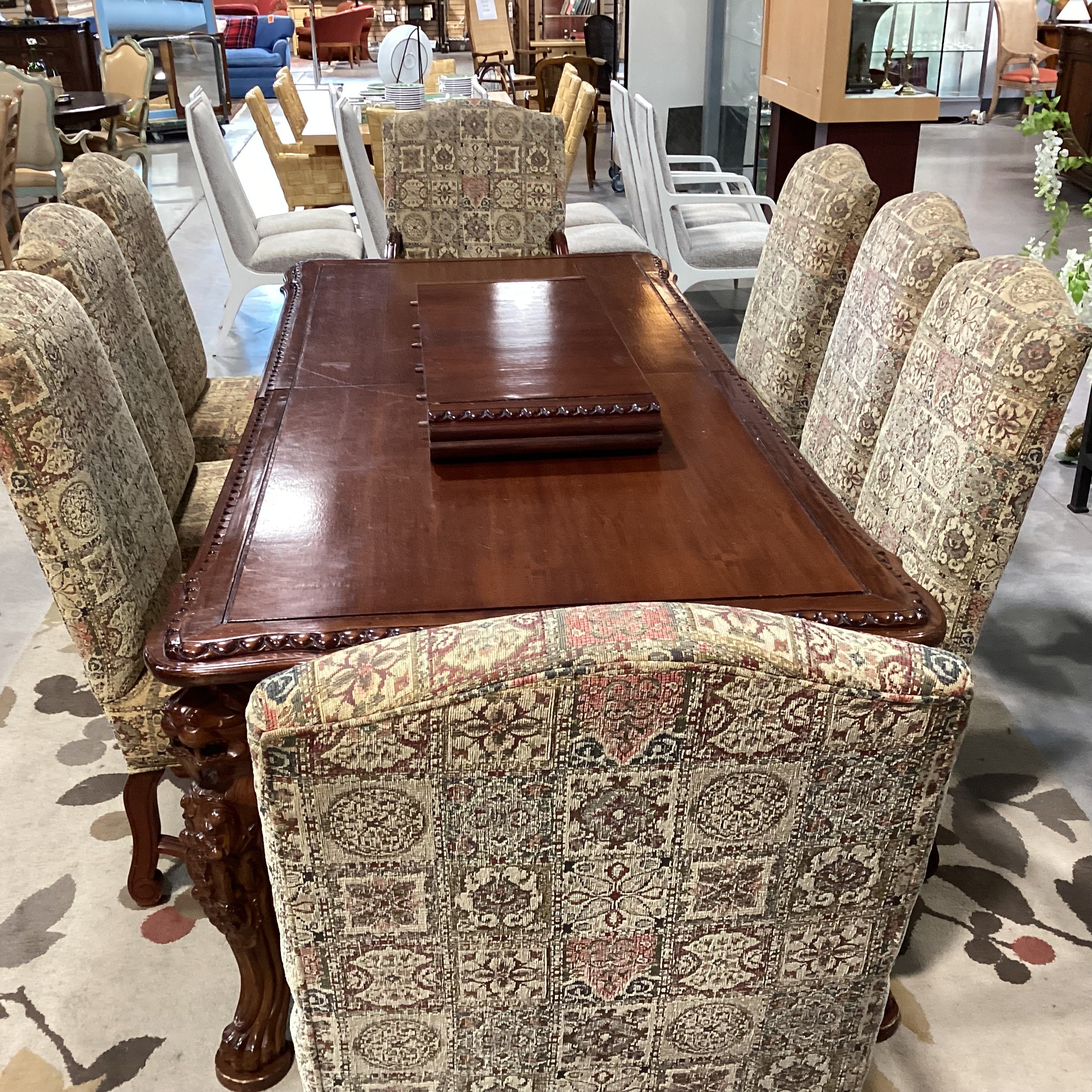 White Rose Ornate Carved Lionshead 2 Leaves Table with 8 Chairs Dining Set 102" to 138"x 48"x 31.5"