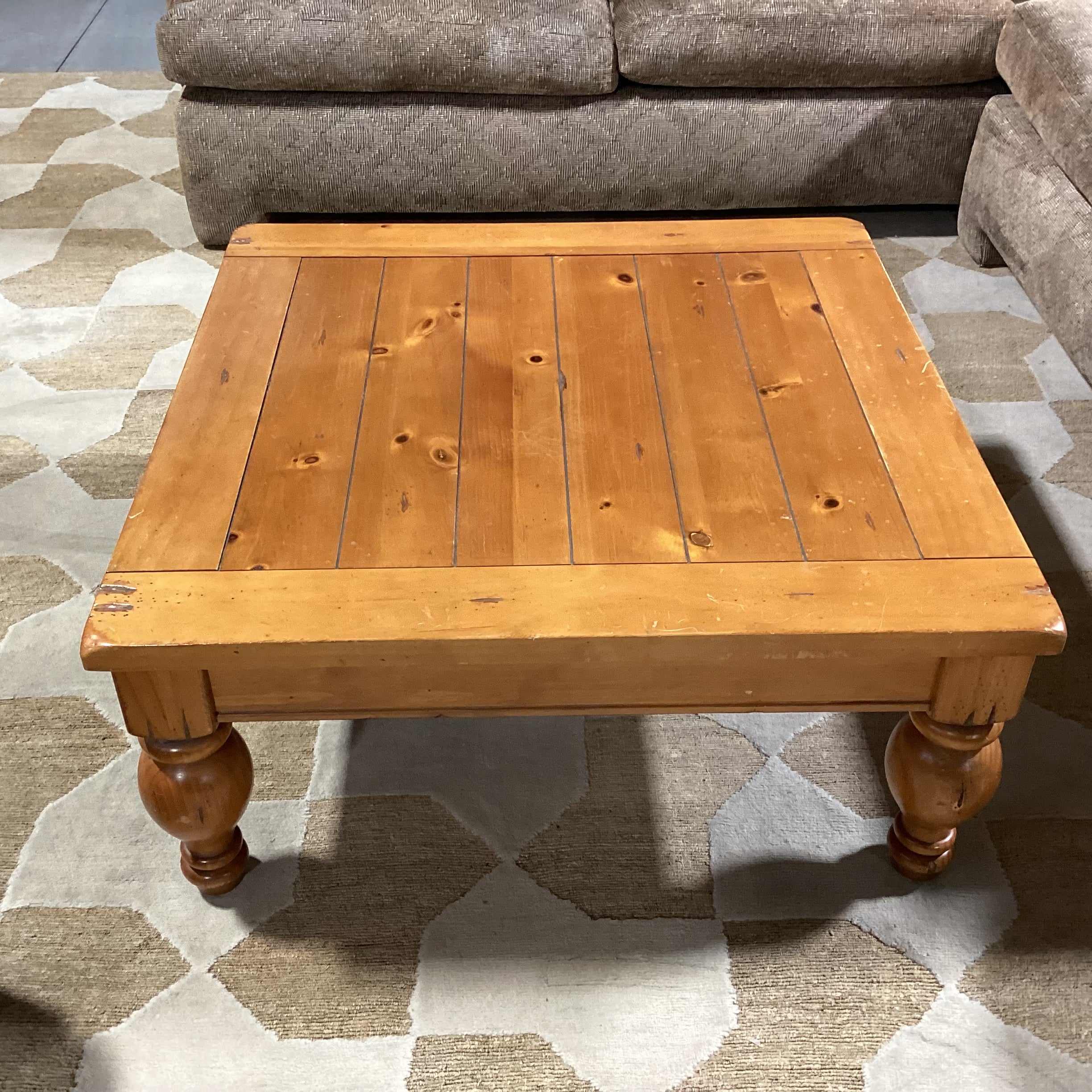 Finished Carved & Plank Pine Coffee Table 38"x 38"x 17"