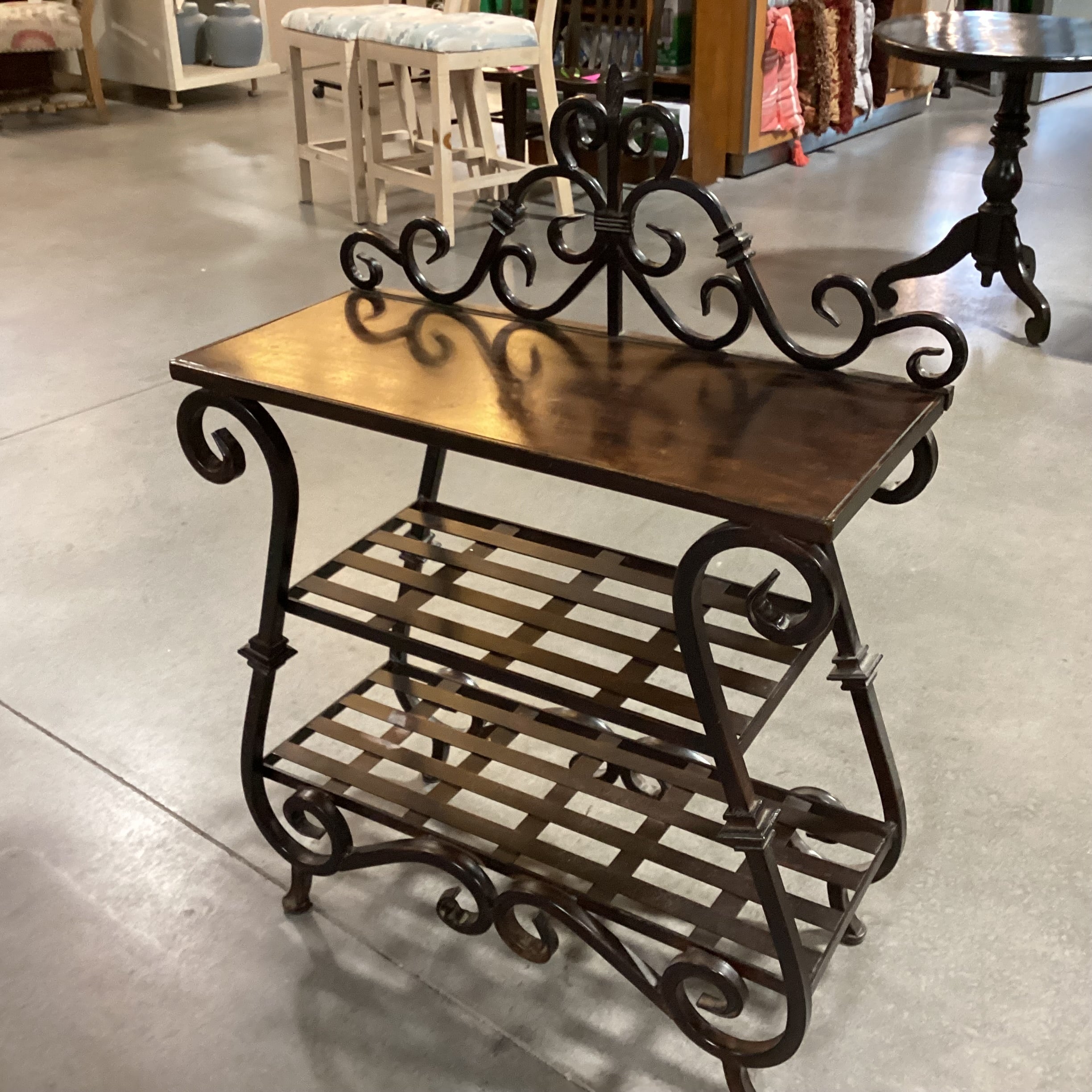 Ornate Iron & Wood with Shelves Accent Table 29"x 13"x 40"