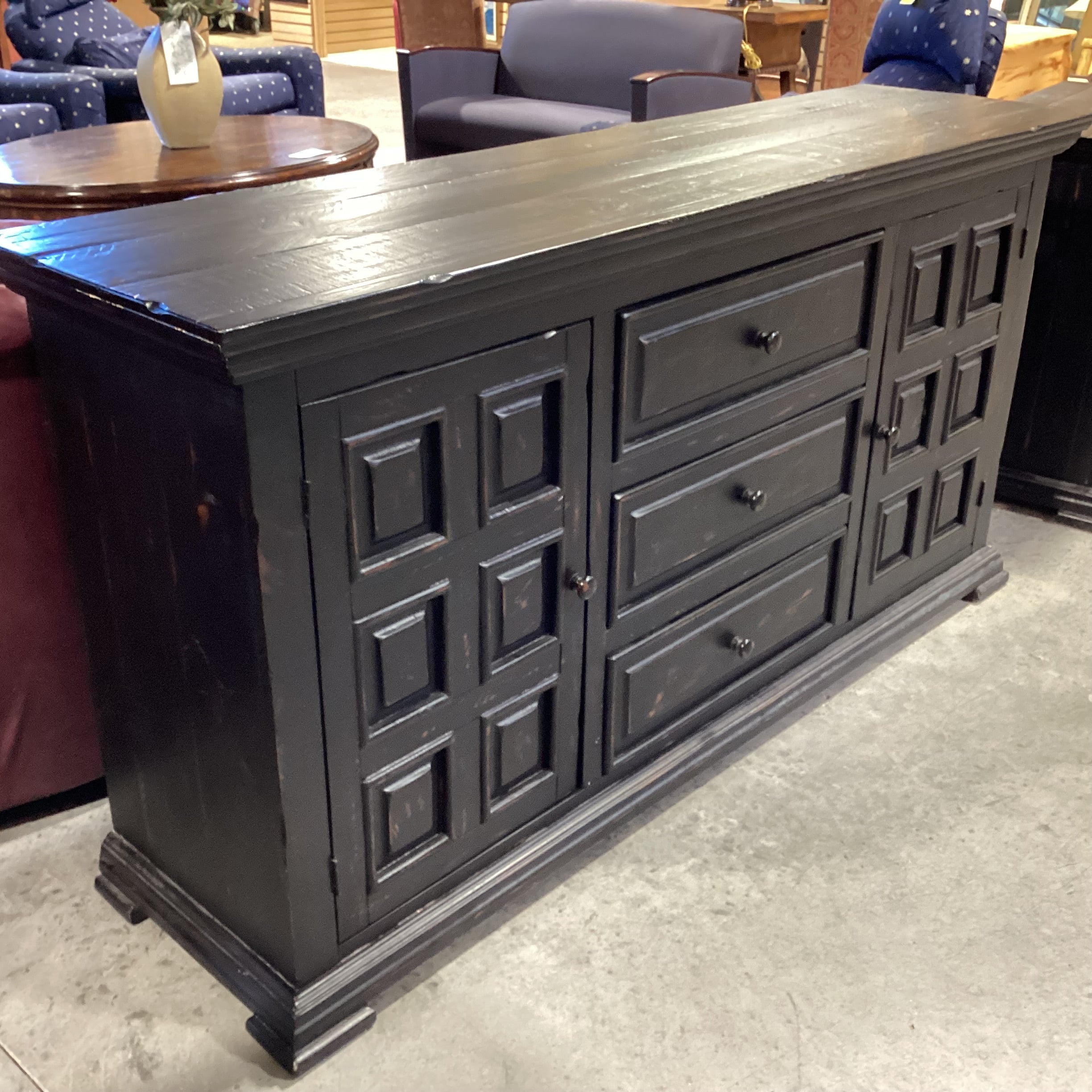 Black Distressed Wood 2 Door 3 Drawer Console Credenza 69"x 18.5"x 36"