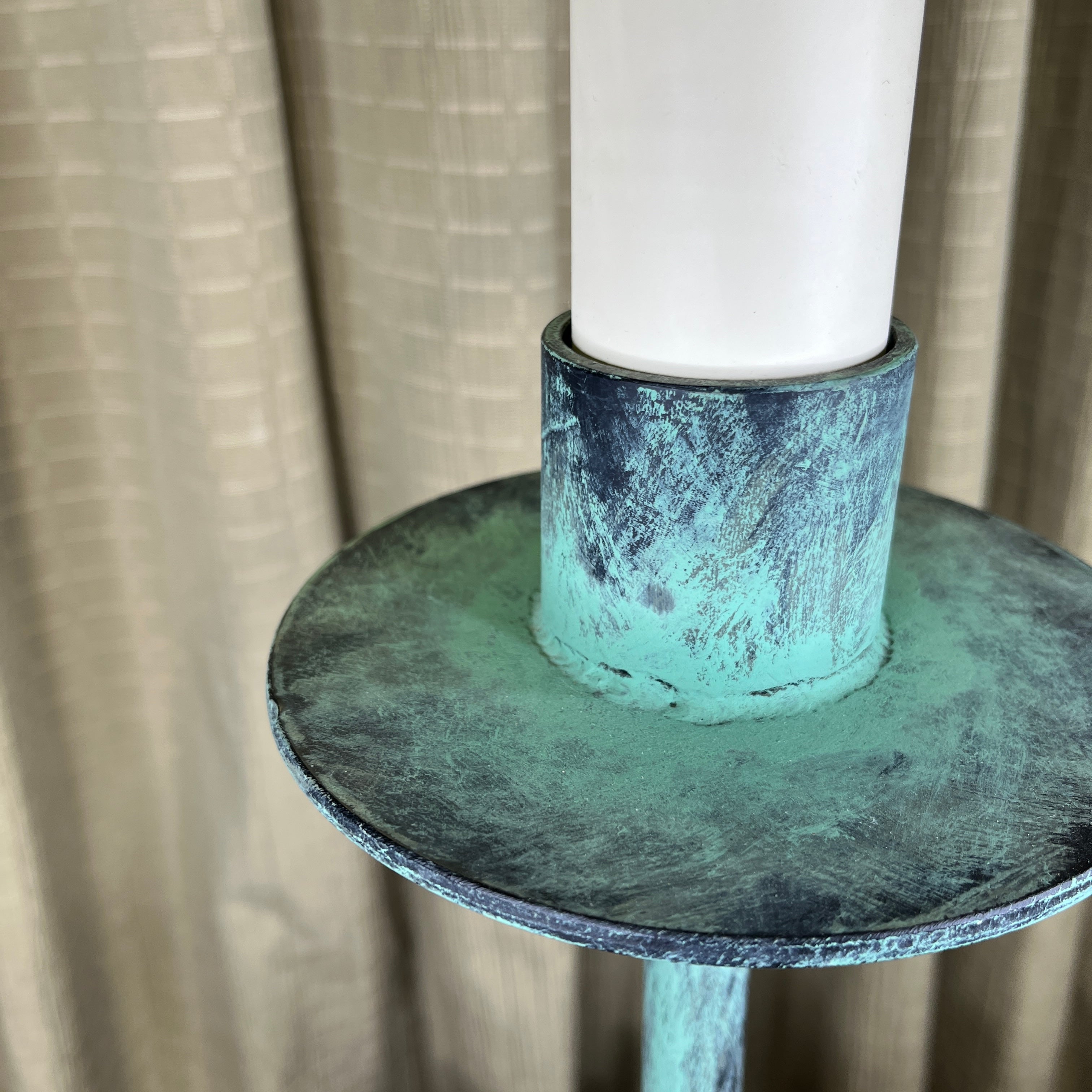 Distressed Turquoise Brushed Iron Candlestick Tripod Base with Shade Table Lamp 9"x 9"x 31"