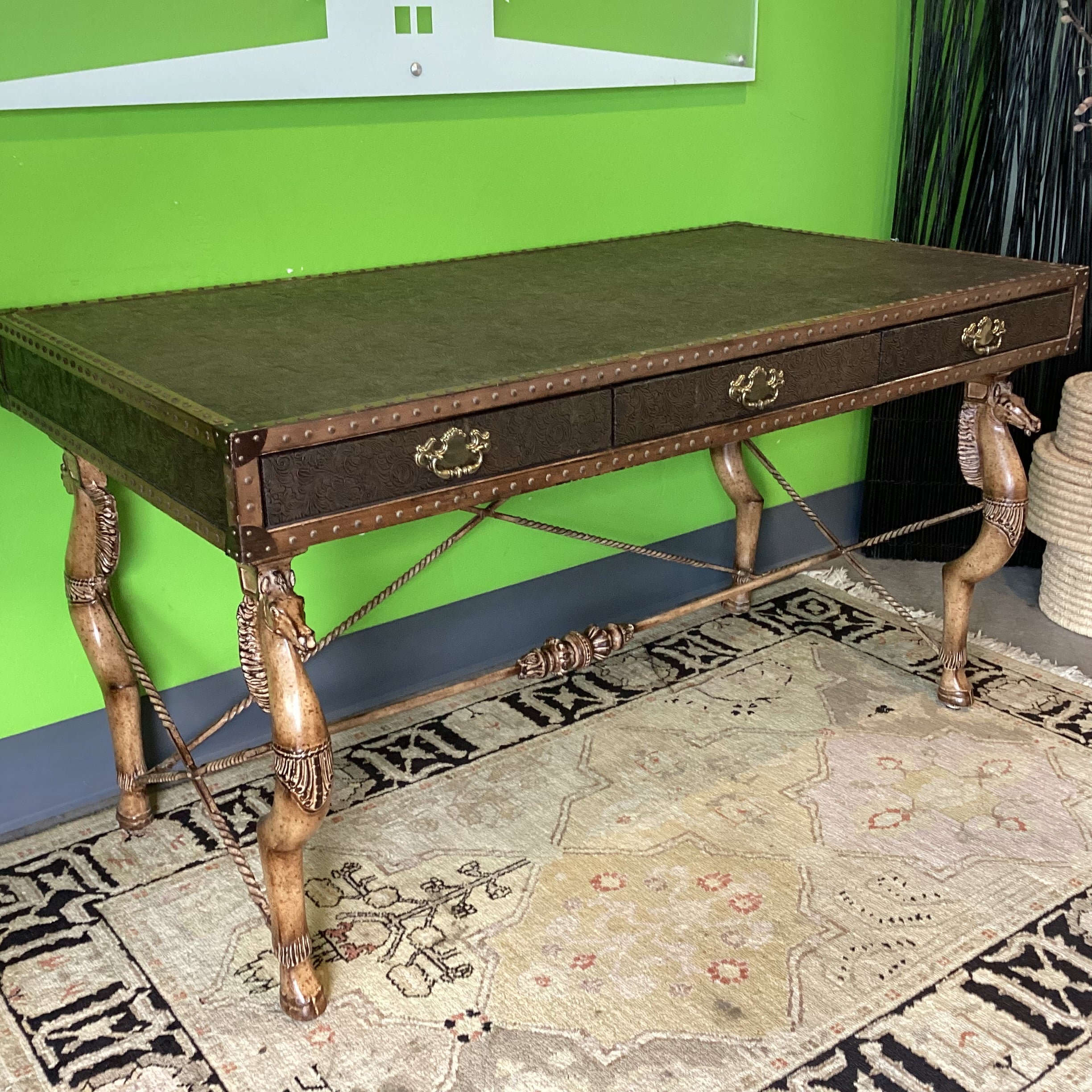 Maitland Smith Carved Horse Iron & Embossed Leather Nailhead 3 Drawer Desk 57.5"x 30.5"x 32"