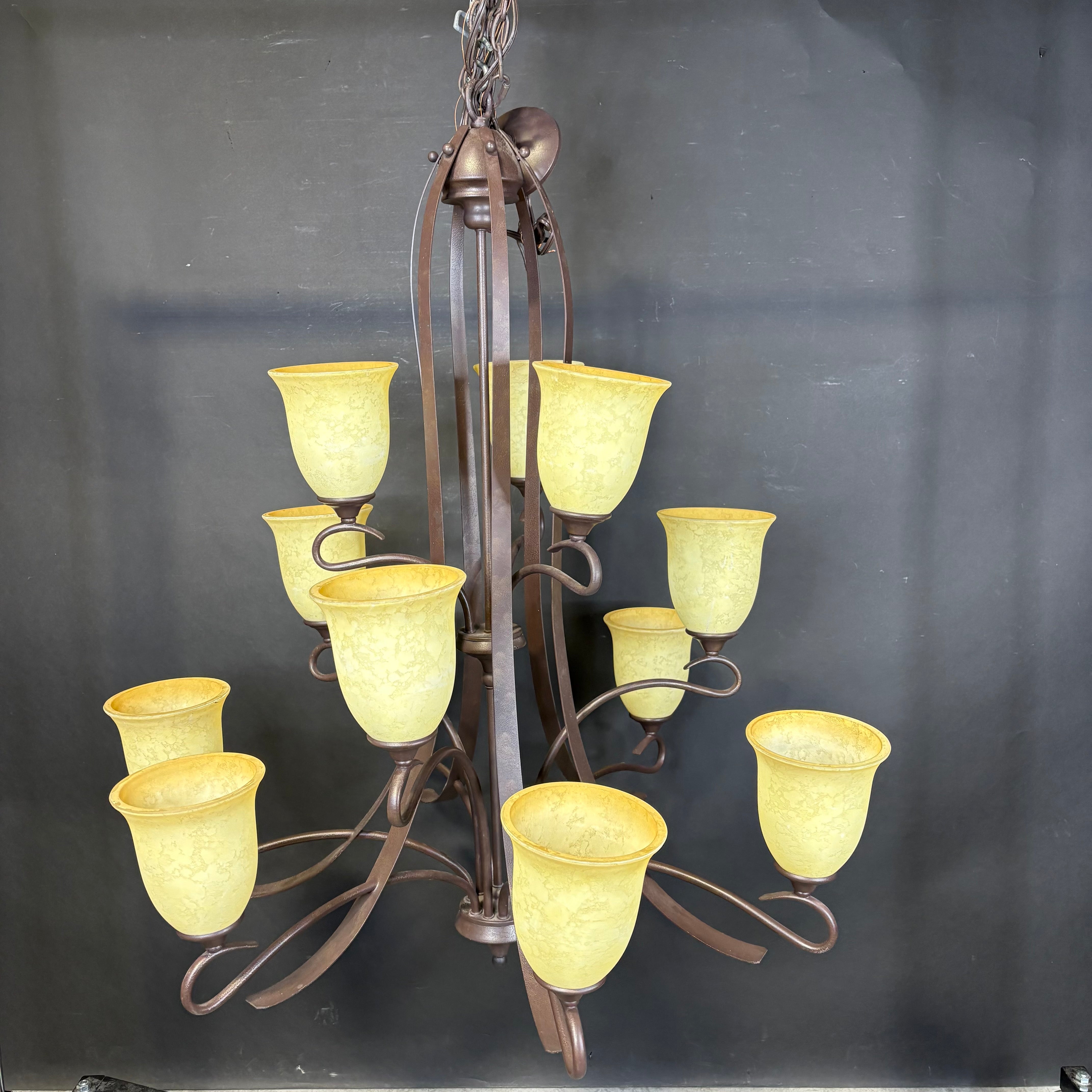 Traditional 12-Light Tiered Crackle Bronze with Glass Shades Chandelier 40” Diameter x 42” - 65”