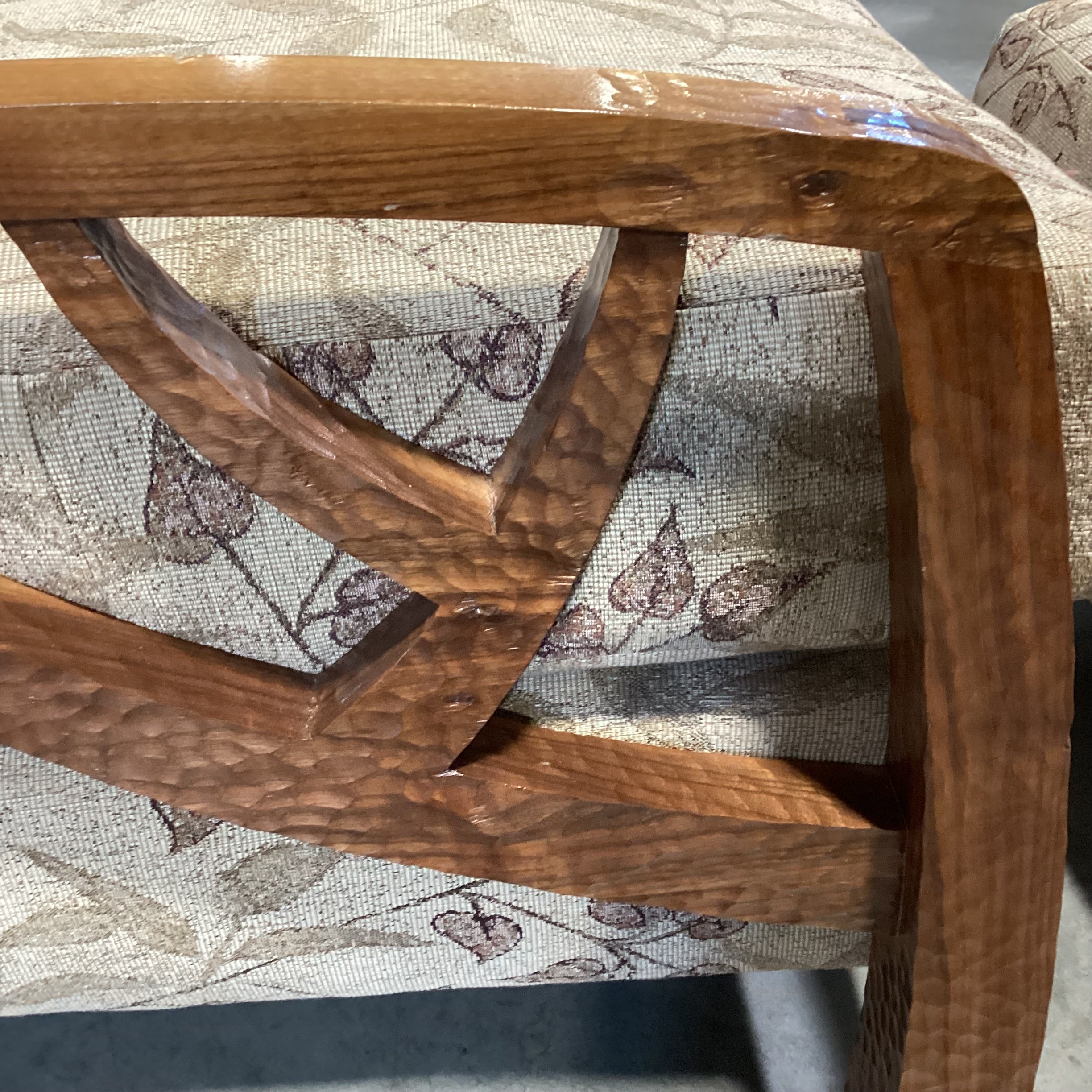 Arts & Crafts Style Carved Wood Divet & Branch Detail Brown & Tan Leaf Upholstered with Ottoman Chair 27"x 38"x 36"