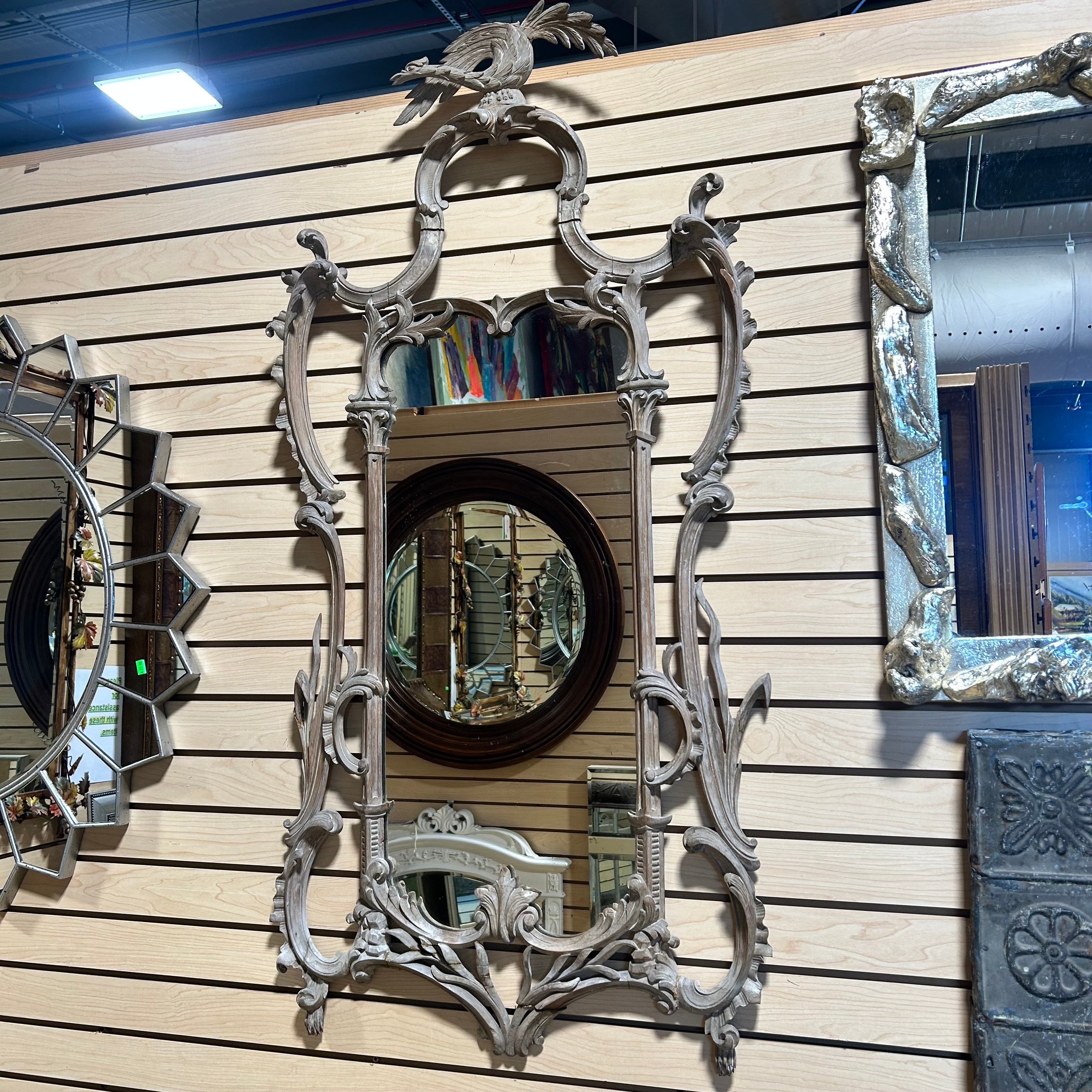 Antique Circa 1900 George III Rivival HO Ho Bird Mahogany Wall Mirror 26"x 53"