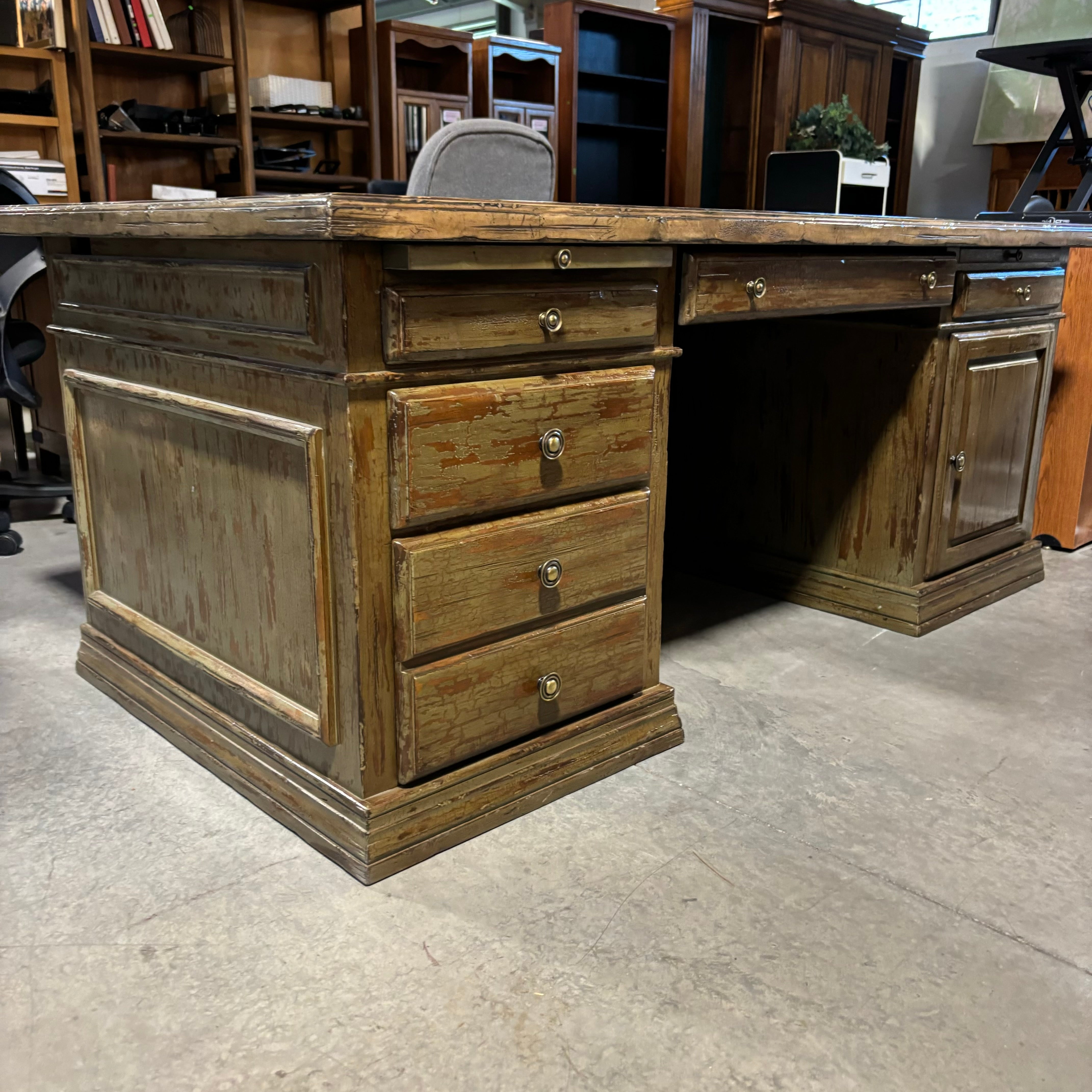 Antique Distressed Moss Finish 5 Drawer 1 Door with Dual Surface Pullouts Desk 74"x 41"x 30.5"