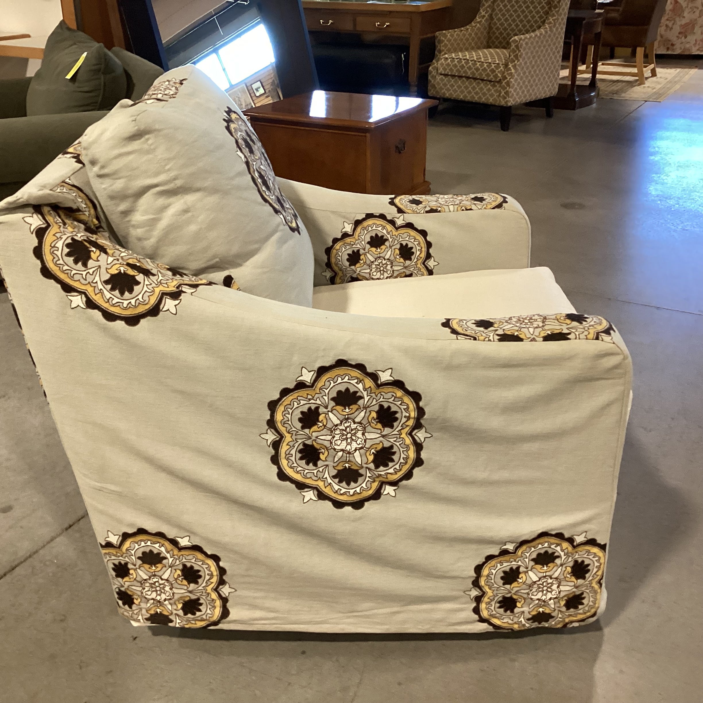 Grey with Brown Gold Medallion Slipcover Down MIx Swivel Chair 32"x 39"x 33"