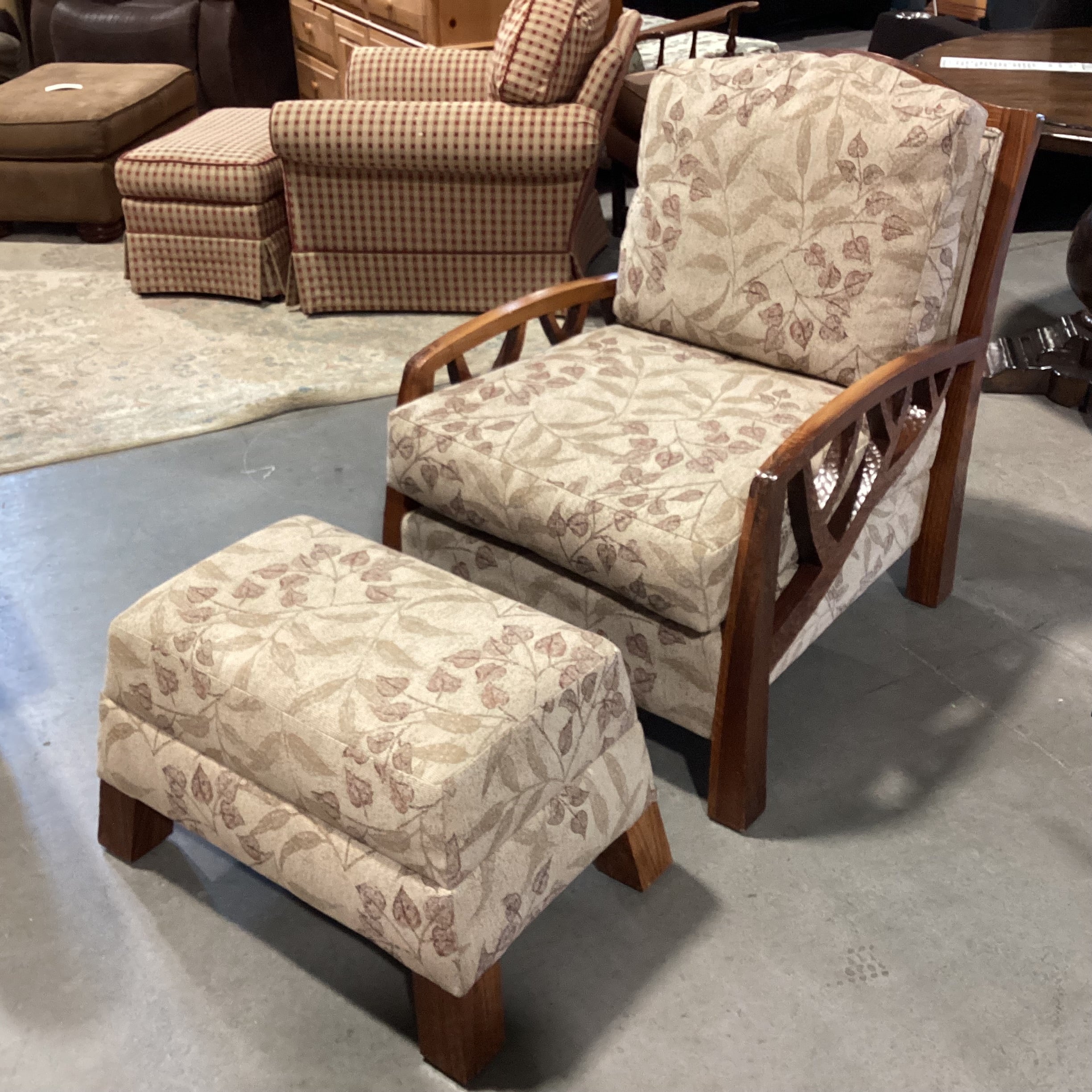 Arts & Crafts Style Carved Wood Divet & Branch Detail Brown & Tan Leaf Upholstered with Ottoman Chair 27"x 38"x 36"