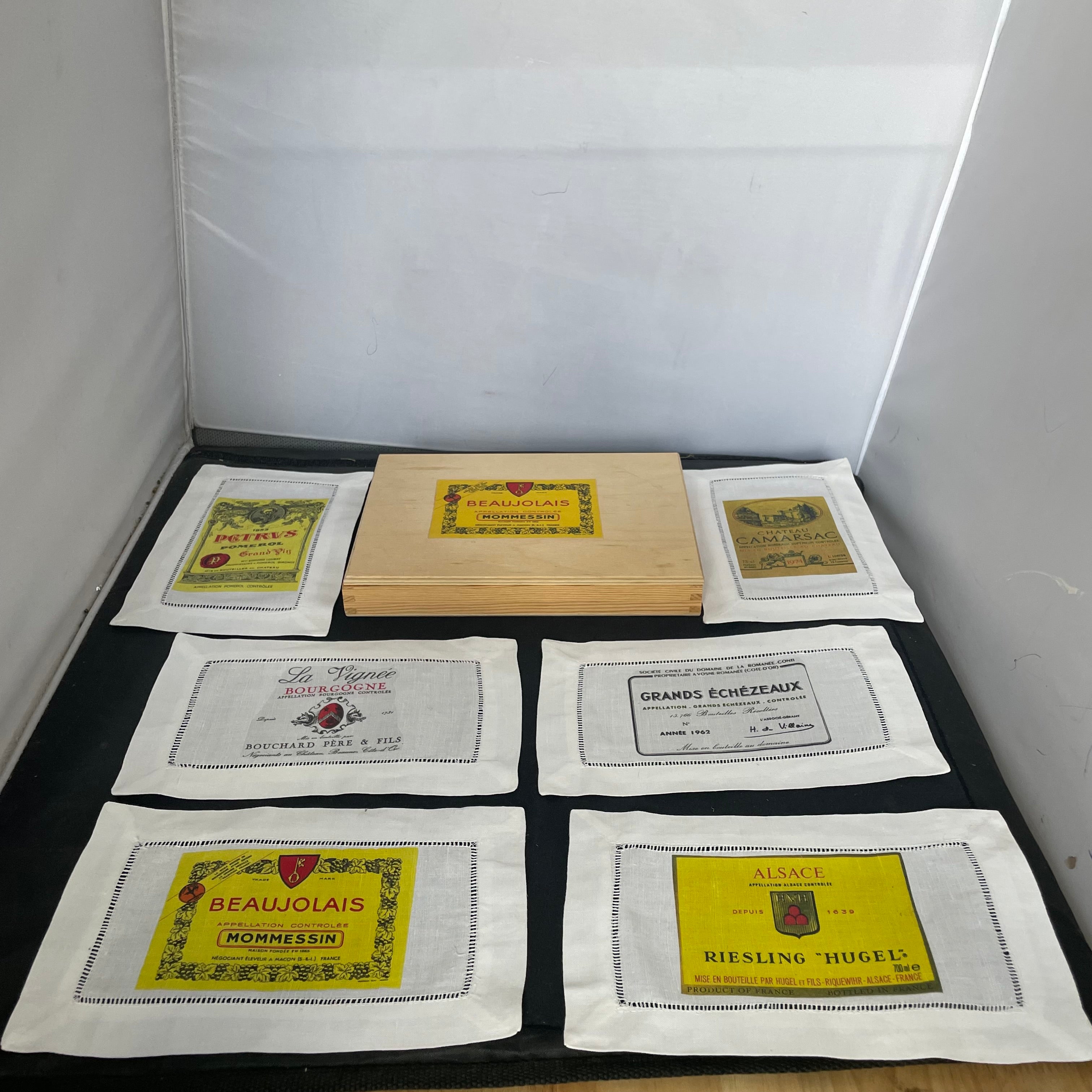 Set of 6 Linen Wine Lable Coasters/Mats in Wood Hinged Gift Box, 9.25"x7.25"x1.5"