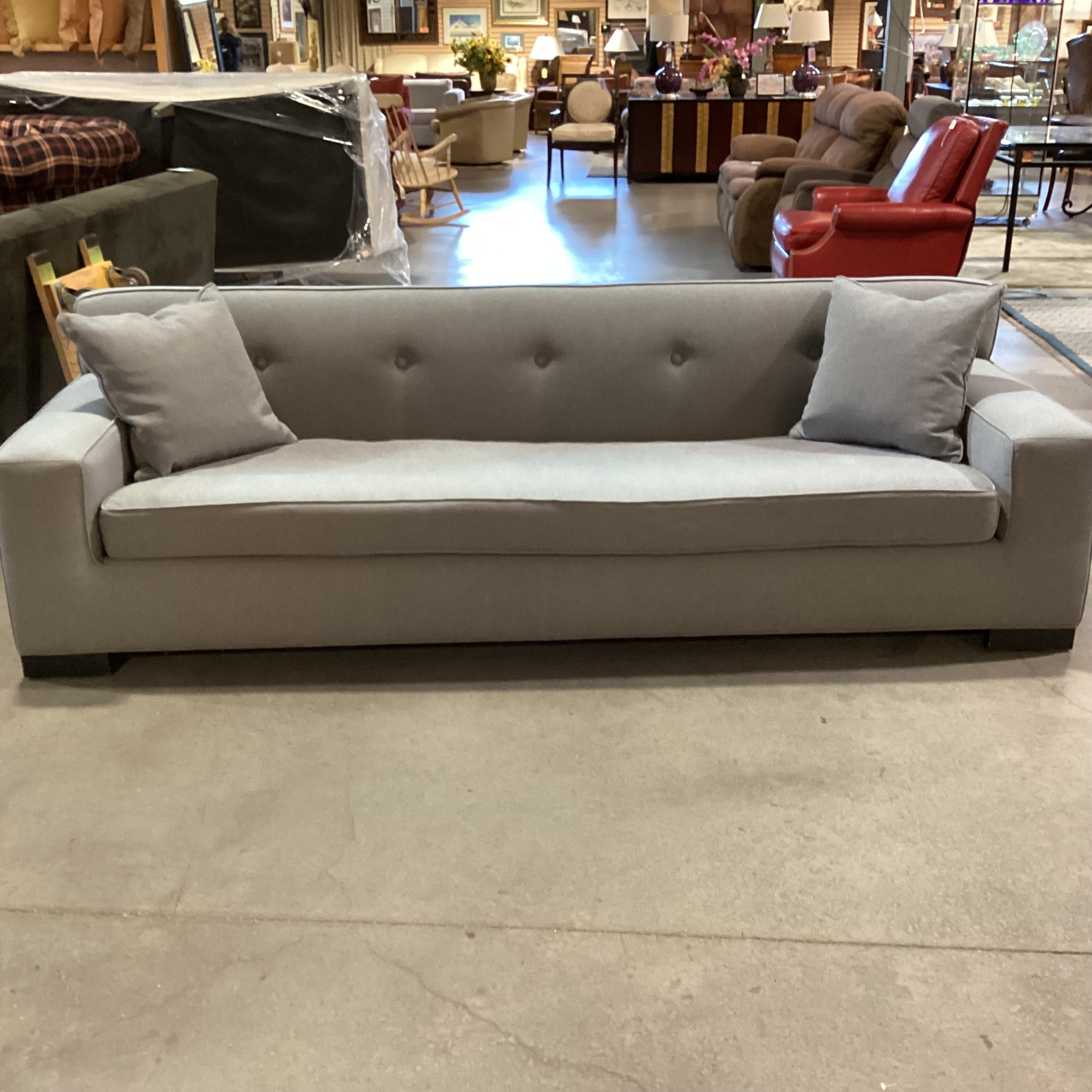Mid Century Modern Style Blue Grey Wool Button Tufted Back Long Sofa 98"x 36"x 30"