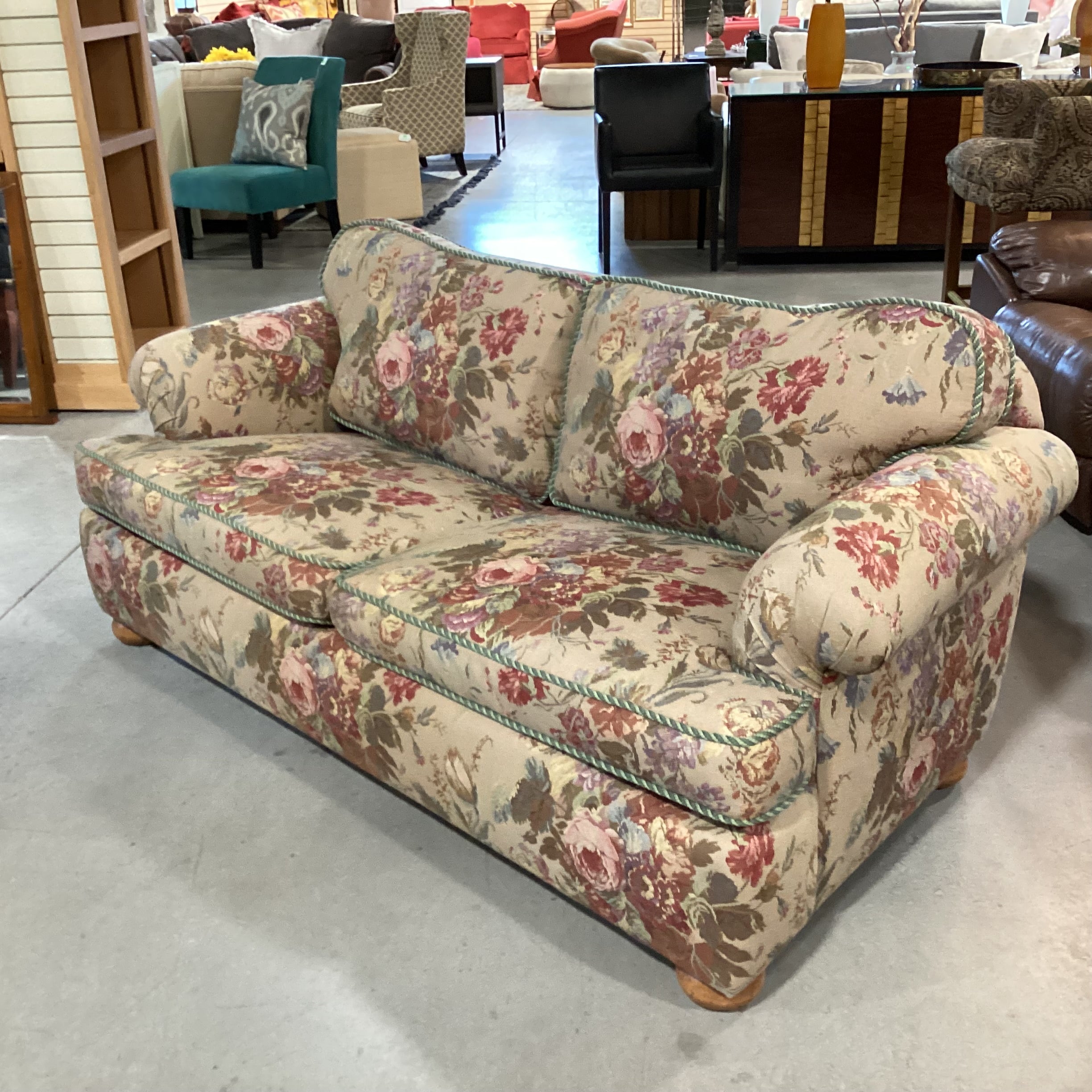 D. Langston Floral Needledpoint Style with Piping & Downmix Sofa 76"x 39"x 29"