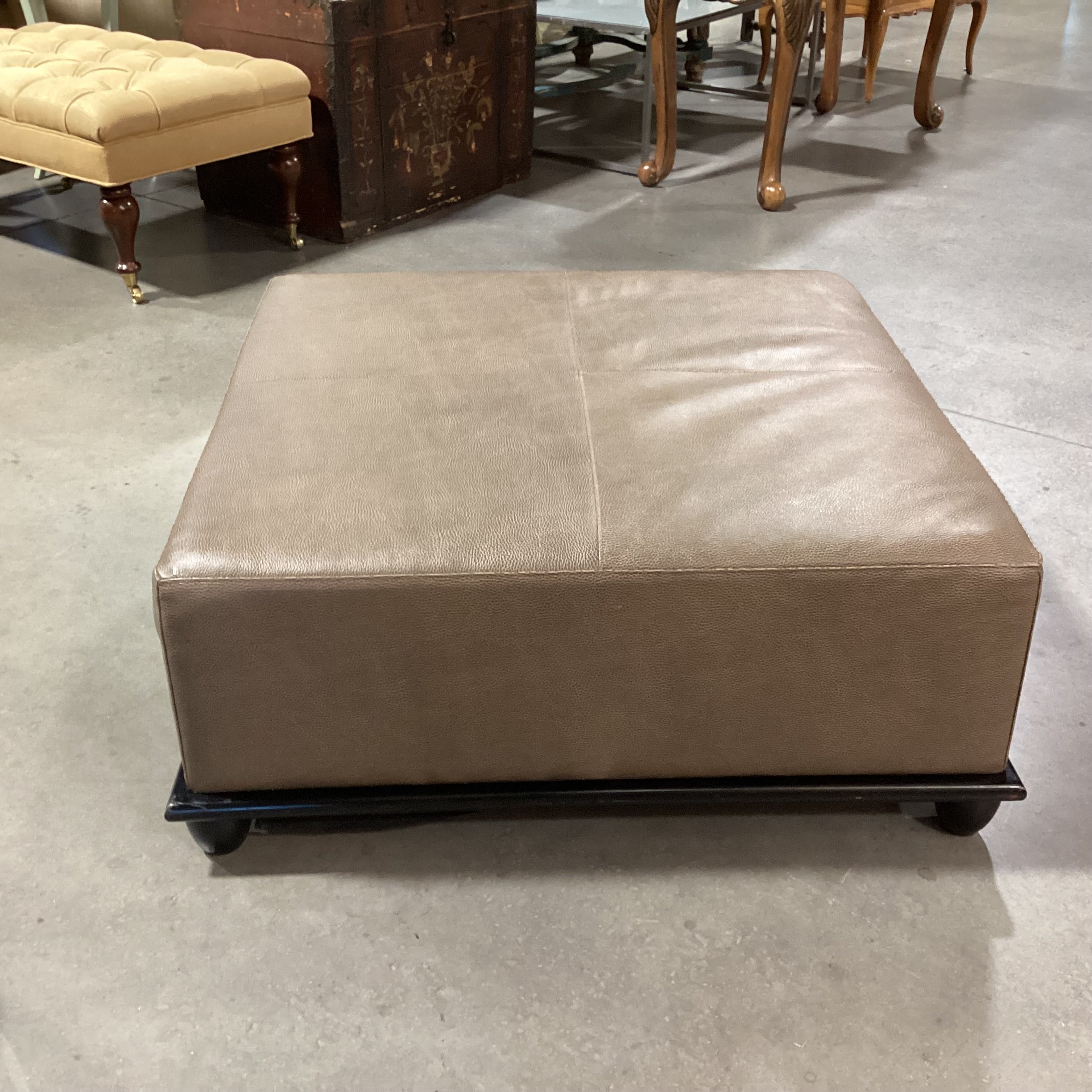 Baker Milling Road Collection Taupe Brown Textured Leather & Black Wood Base Ottoman 38"x 38"x 16"