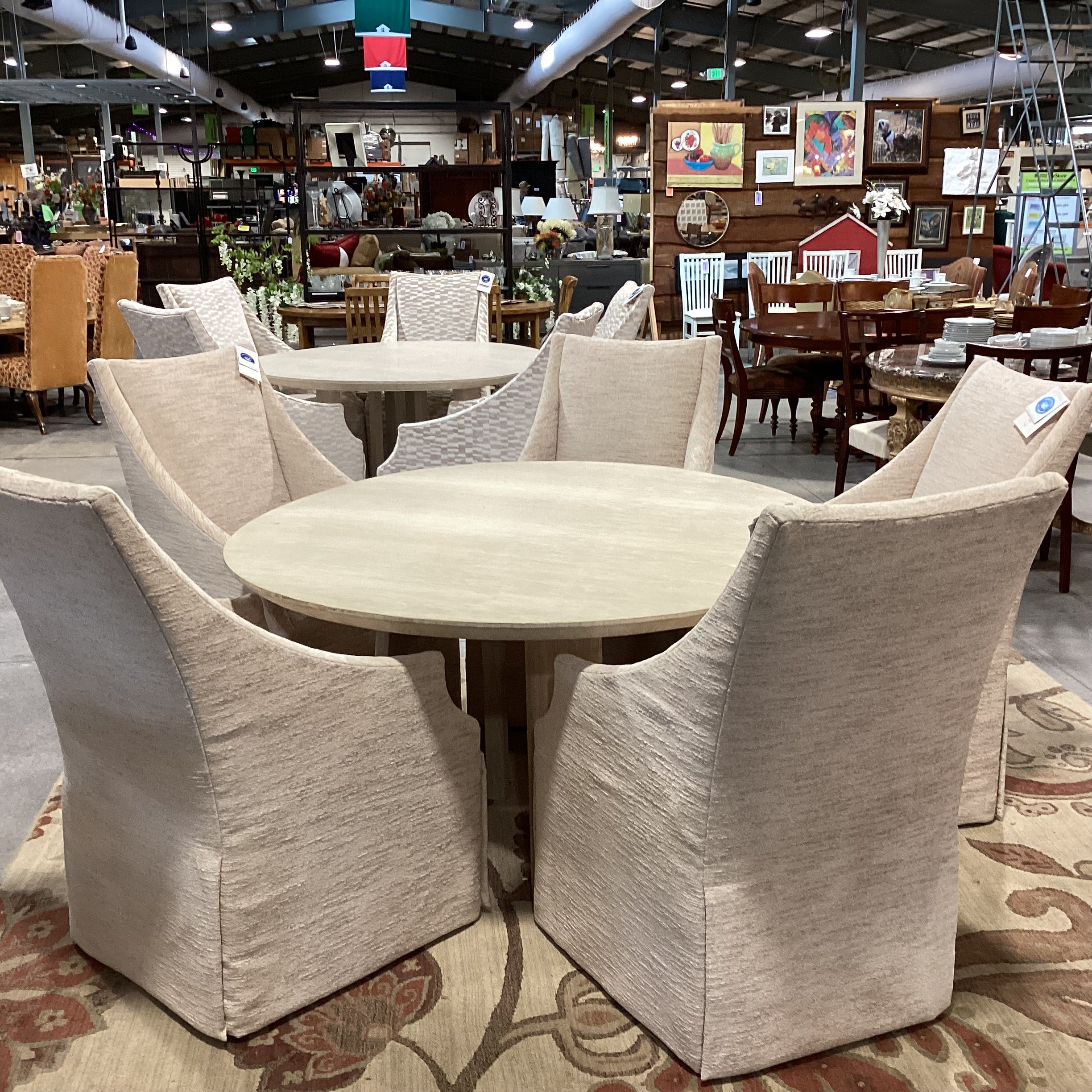 Custom Round Washed Wood & 5 Century Furniture Beige Cream Chenille Woven Slope Arm Chairs Dining Set 60" Diameter x 29"