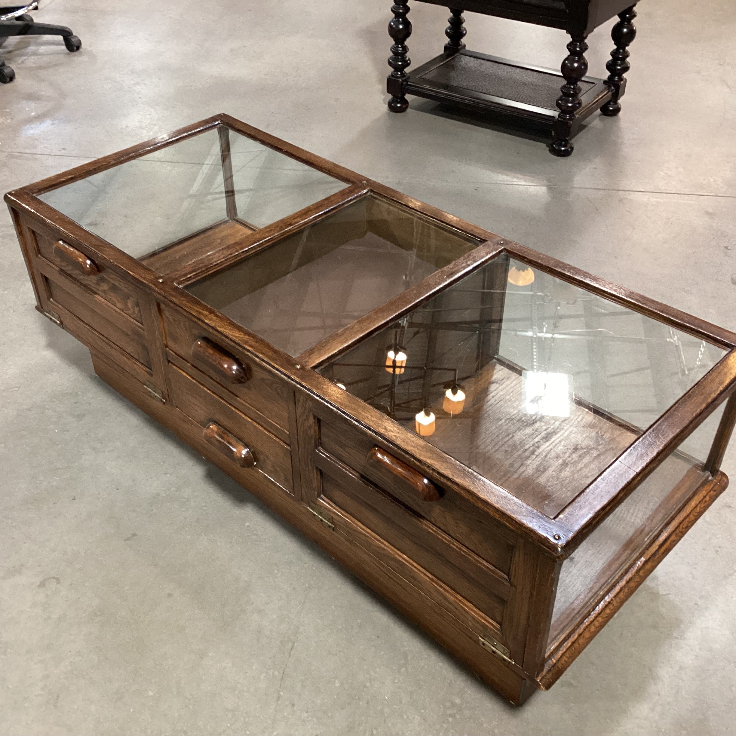 Vintage Distressed Finish Wood & Glass 2 Drawer 2 Fold Down Doors Display Coffee Table 52.5"x 22.5"x 19"