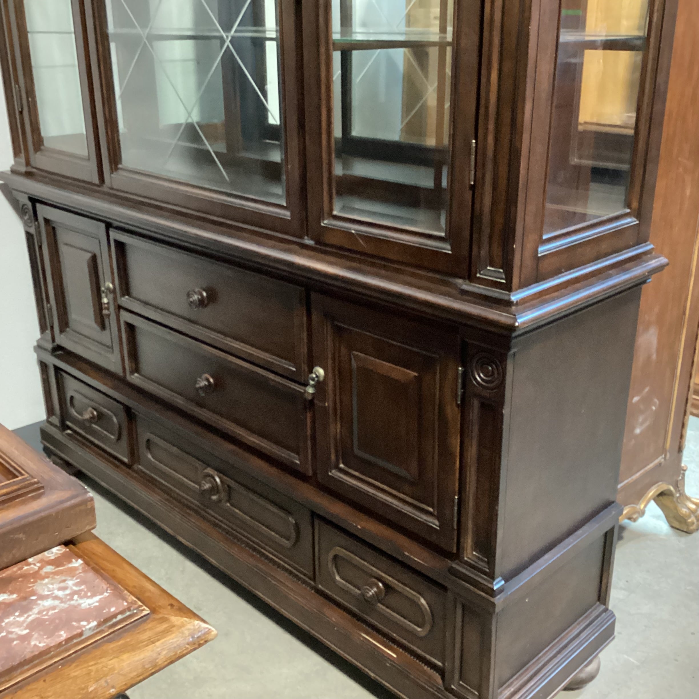 Dark Finish Wood & Glass 5 Drawer 4 Door 2 Piece China Hutch 69"x 18"x 88"