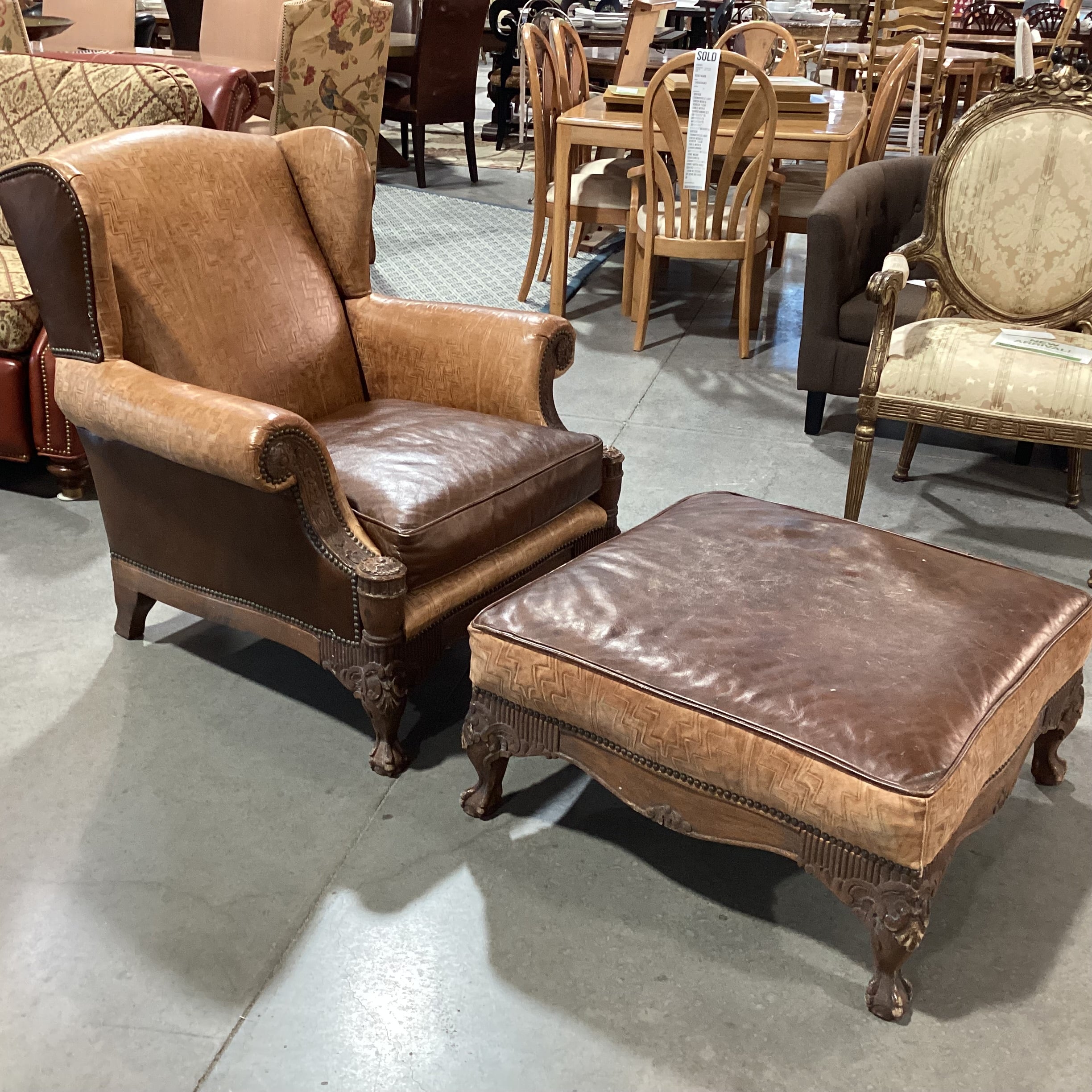 Old Hickory Tannery 2 Tone & Embossed Leather Nailhead Ornate Carved Wood with Ottoman Chair 38"x 36"x 37.5"
