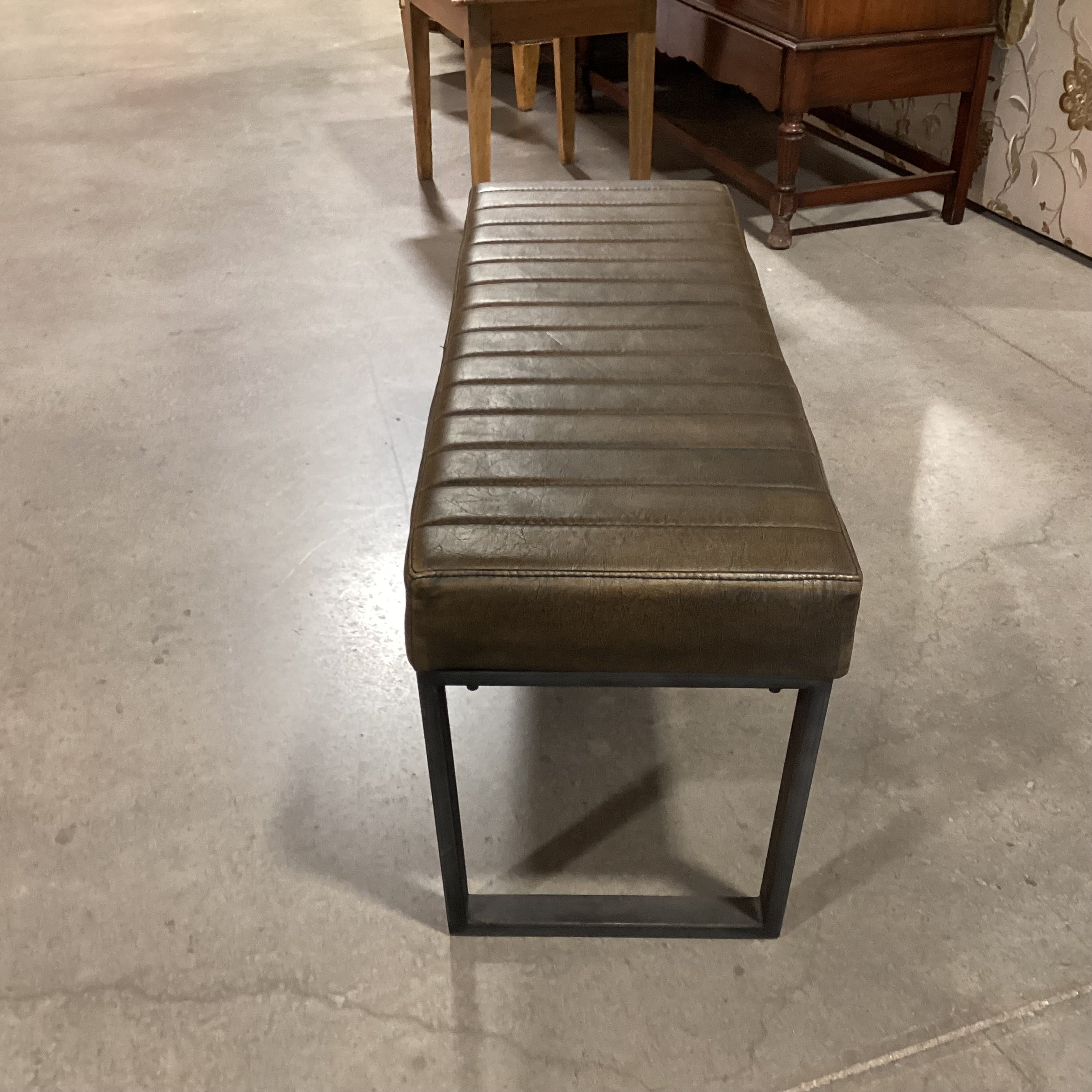 Jasper Distressed Bronze Faux Leather Channel Tufted & Metal Bench 45"x 16"x 20"