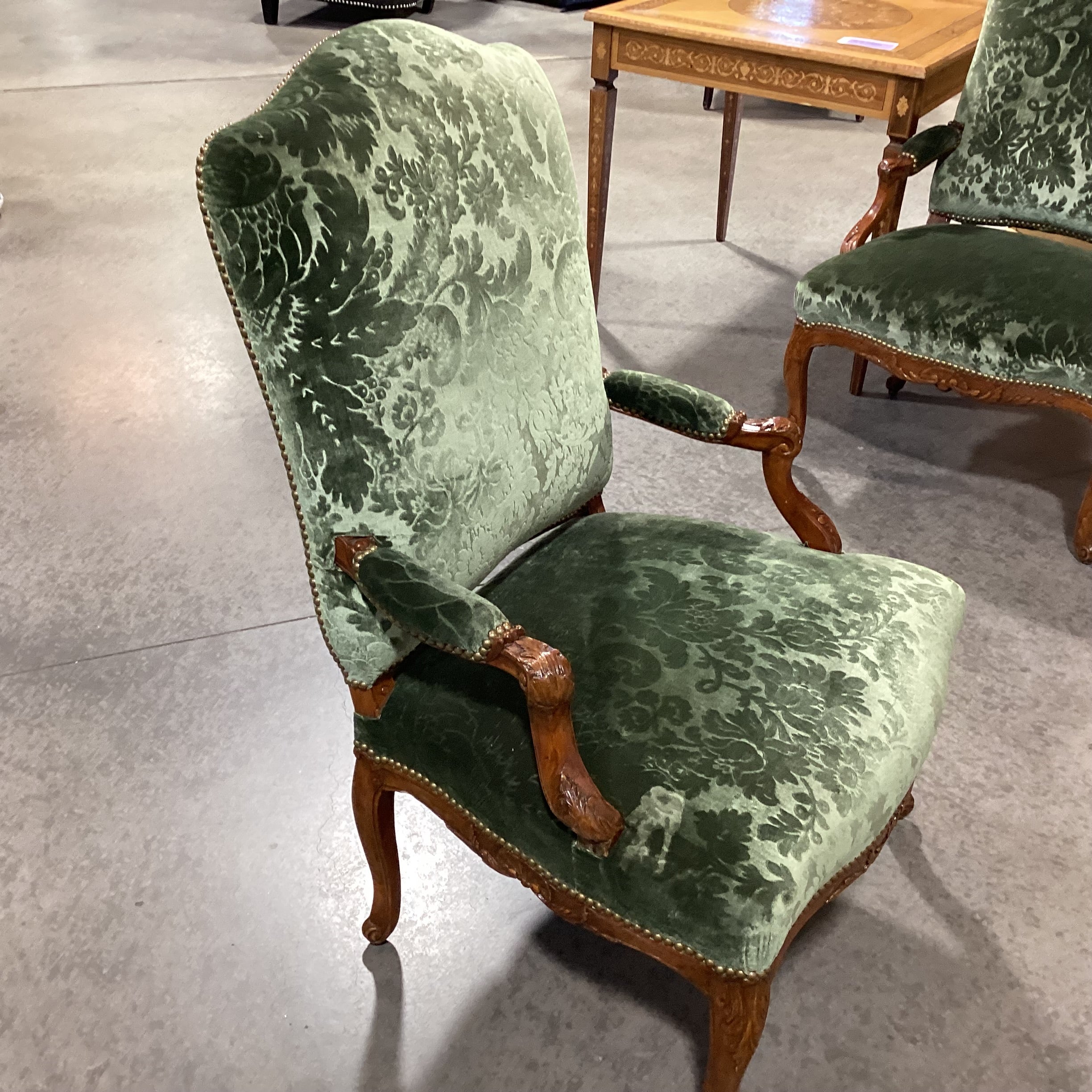 Vintage Carved Wood with Green Raised Floral Velvet & Nailhead Chair 28"x 28"x 42"