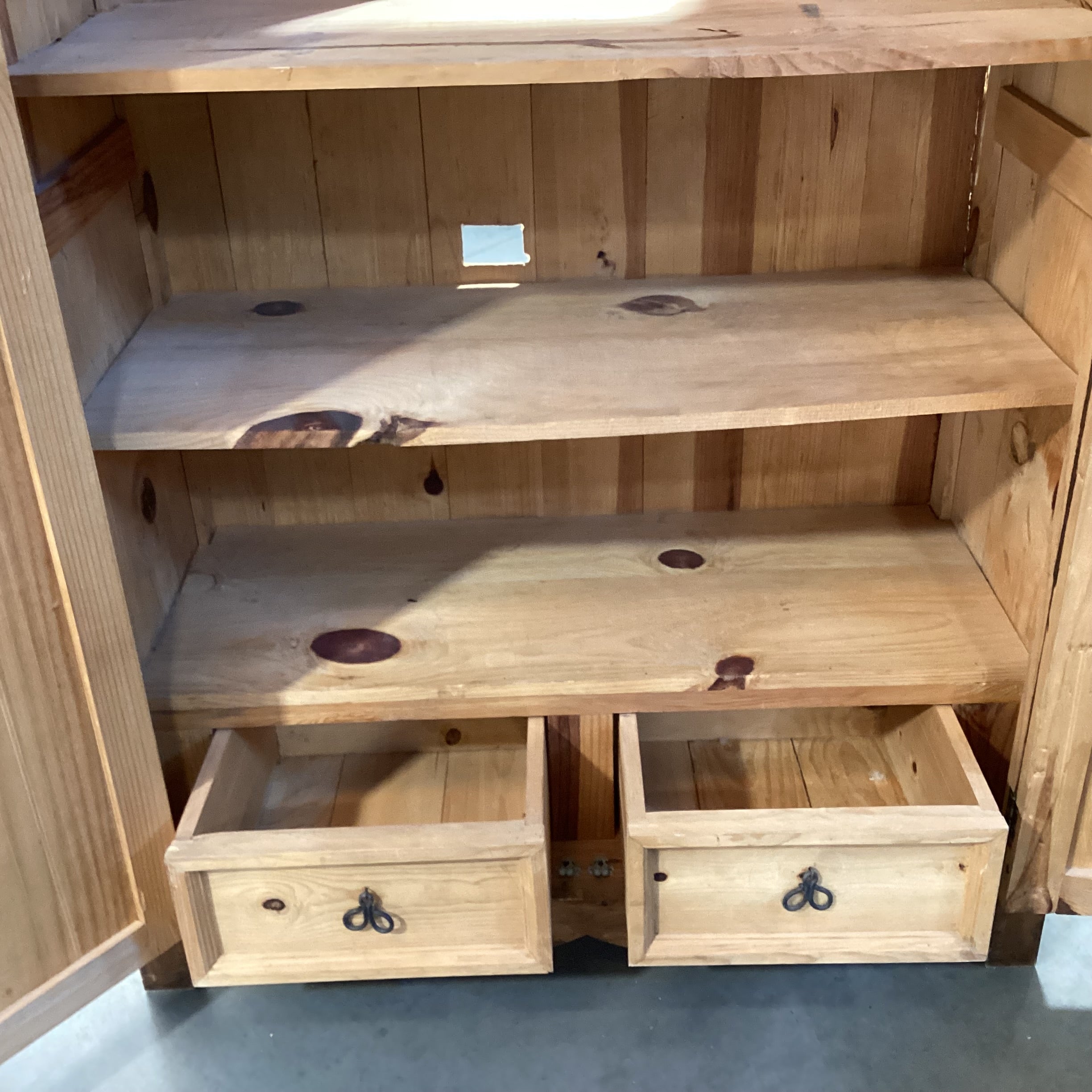 Rustic Carved Solid Pine 2 Door With Shelves & 2 Drawer Armoire 47"x 23"x 78"