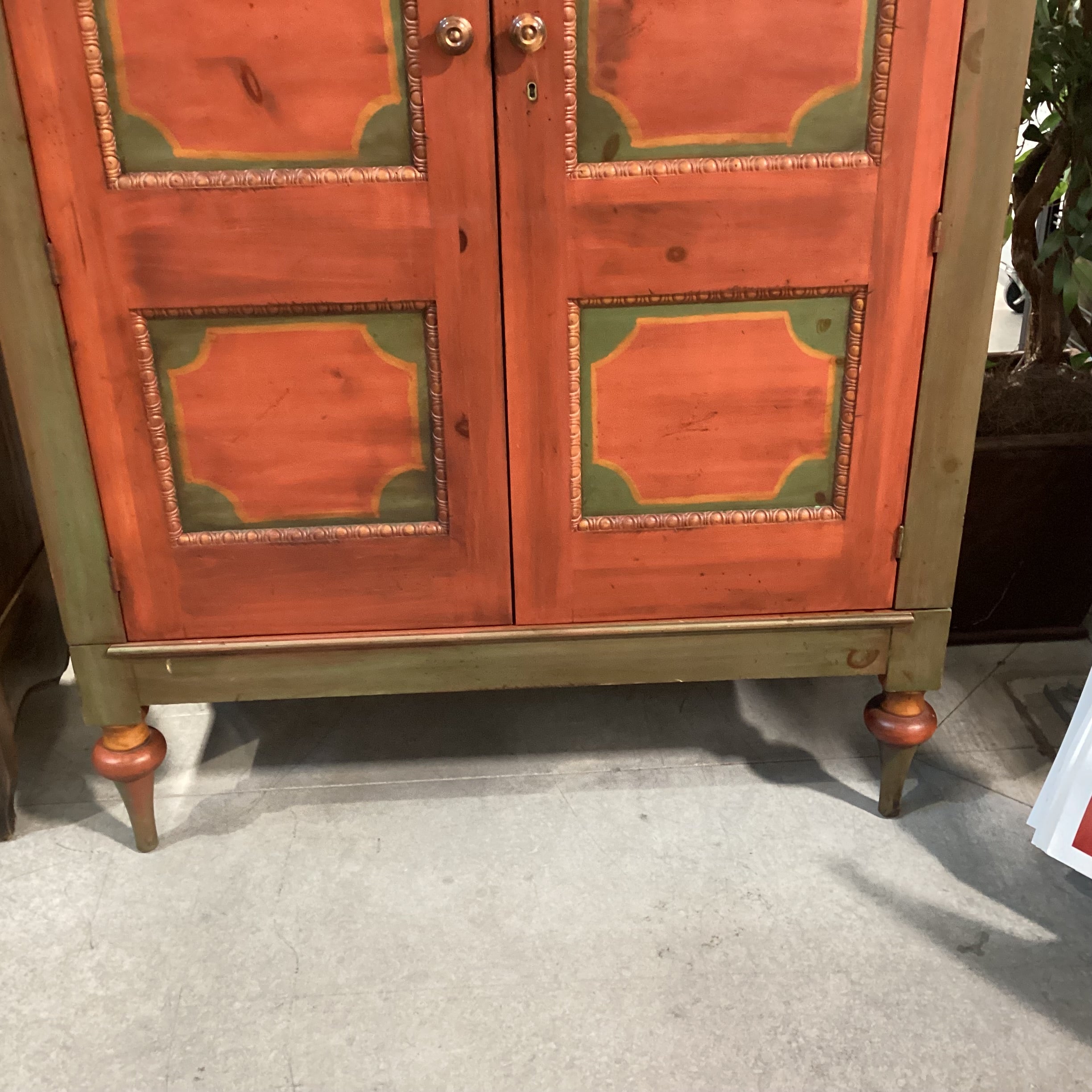 Custom Carved Wood Antiqued Red & Green Handpainted 2 Door Wardrobe Armoire 46"x 24"x 82"