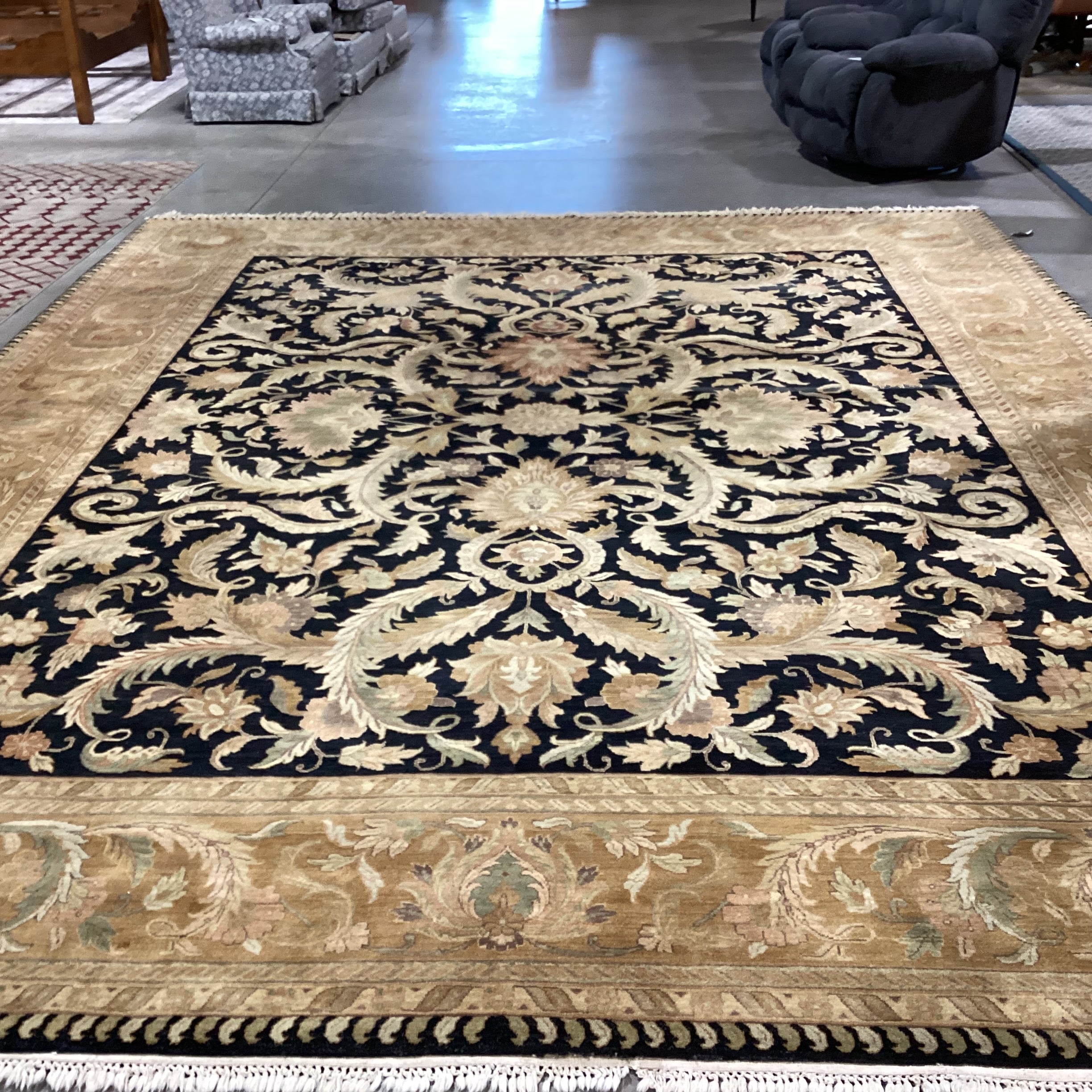 Gold & Black Floral with Border Had Woven Wool Rug 12'2"x 14'10"