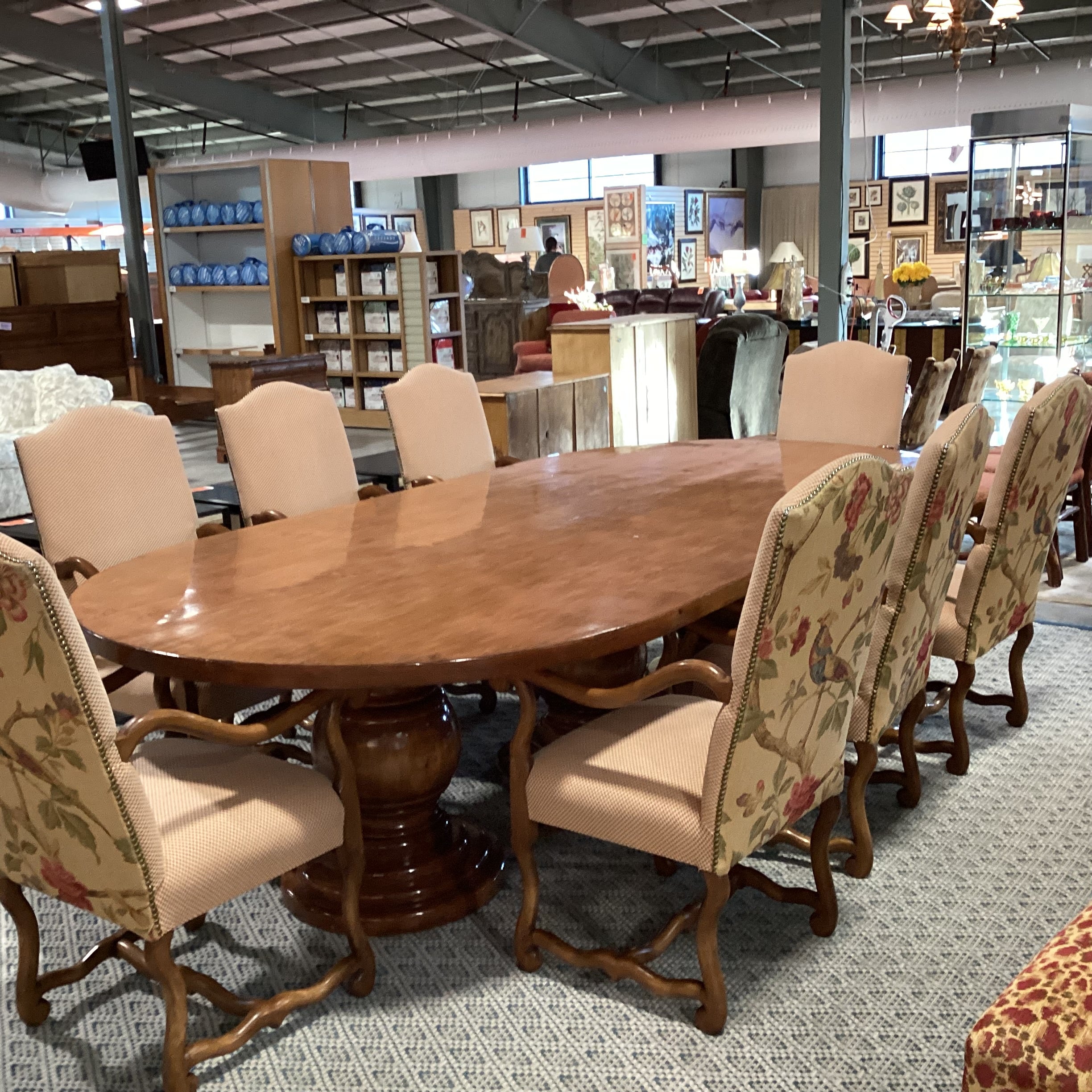 Oval Finished Carved Wood 3 Pedestal Table with 8 Checker Bird Floral Trouvalles Chairs Dining Set 118.5"x 59.5"x 31"