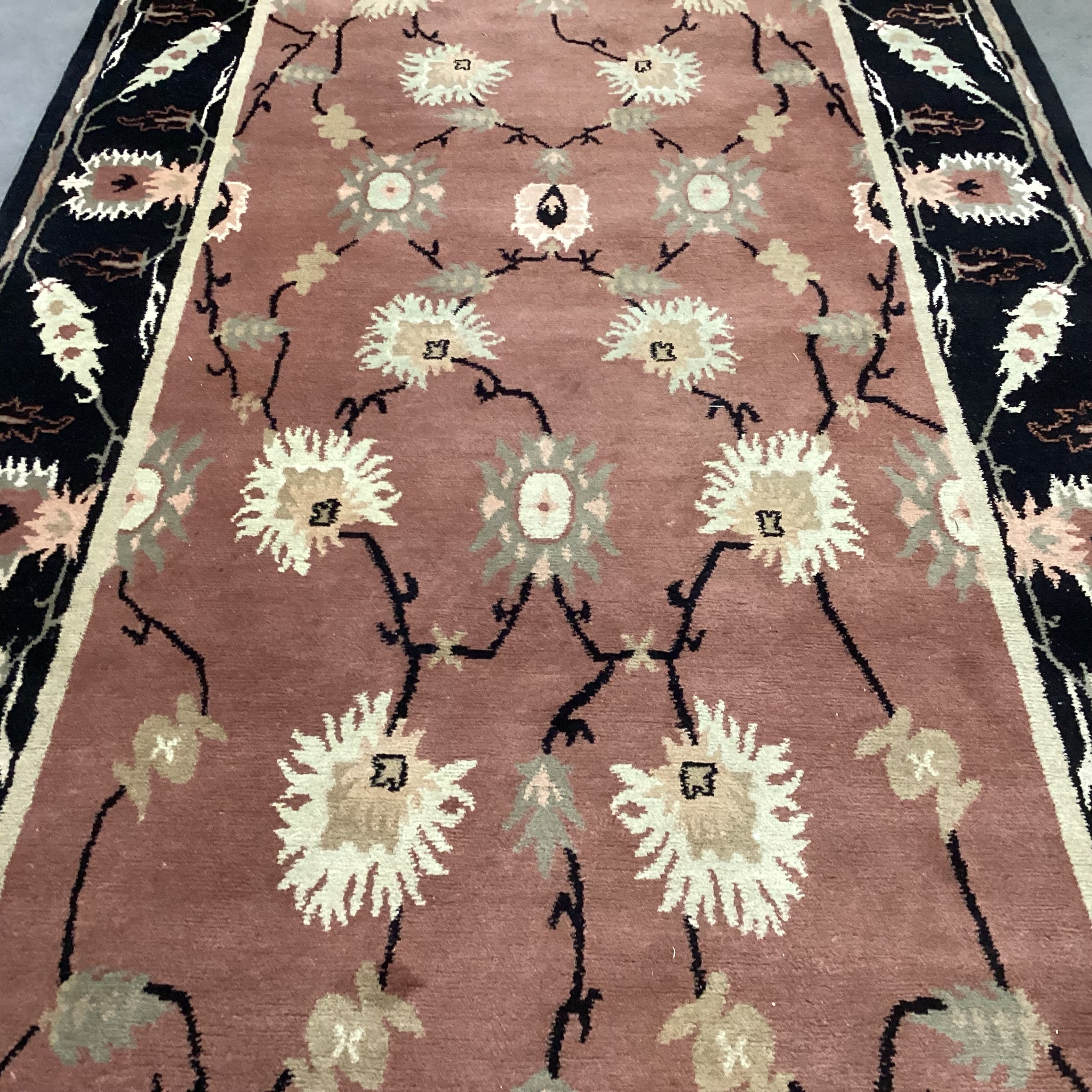 Blush Cream Sage Floral with Black Border Hand Woven Nepal Wool Rug 5'5"x 11'11"