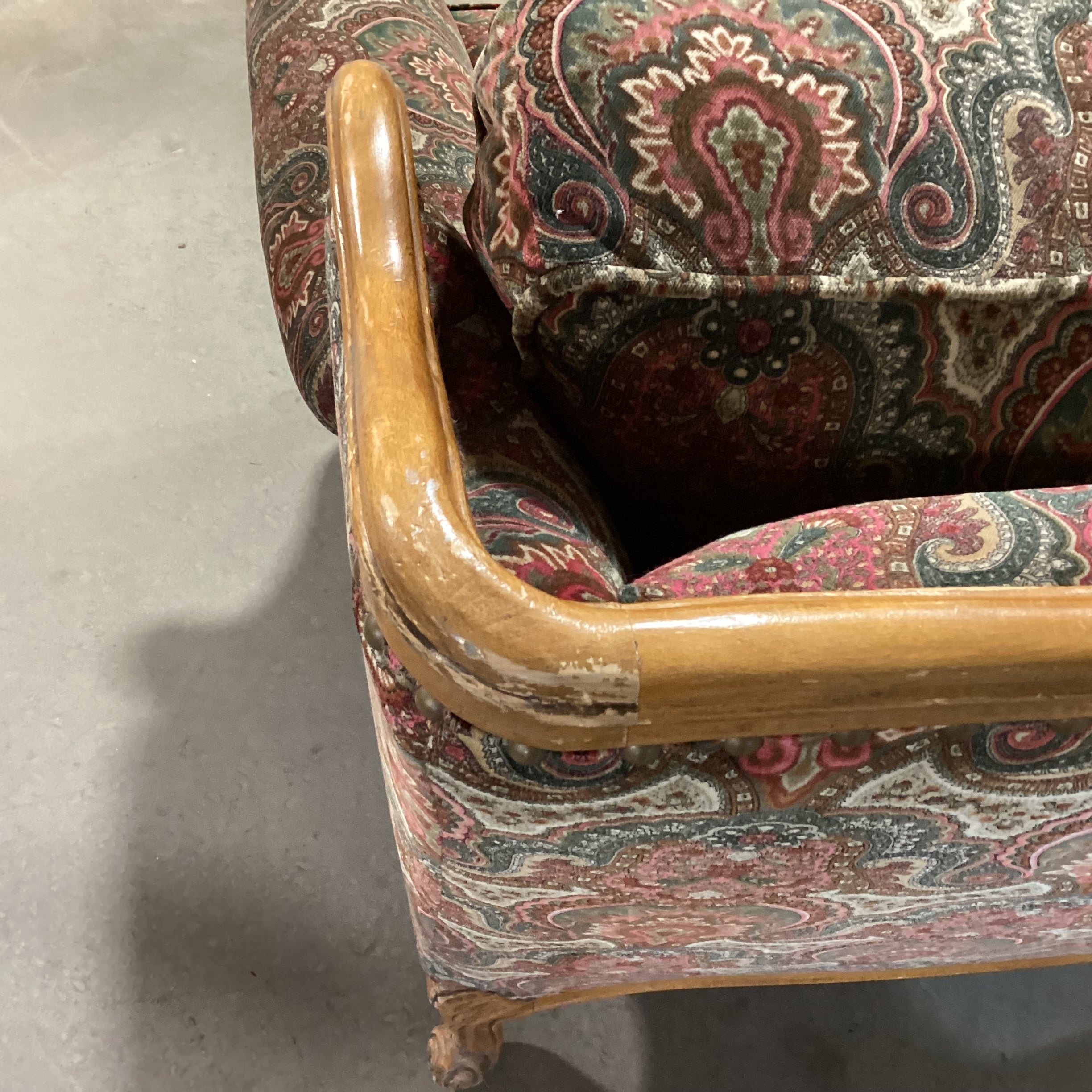 Vintage Ralph Lauren Red Green Paisley Velvet Nailhead & Carved Wood Oversized Chair 42"x 42"x 38"