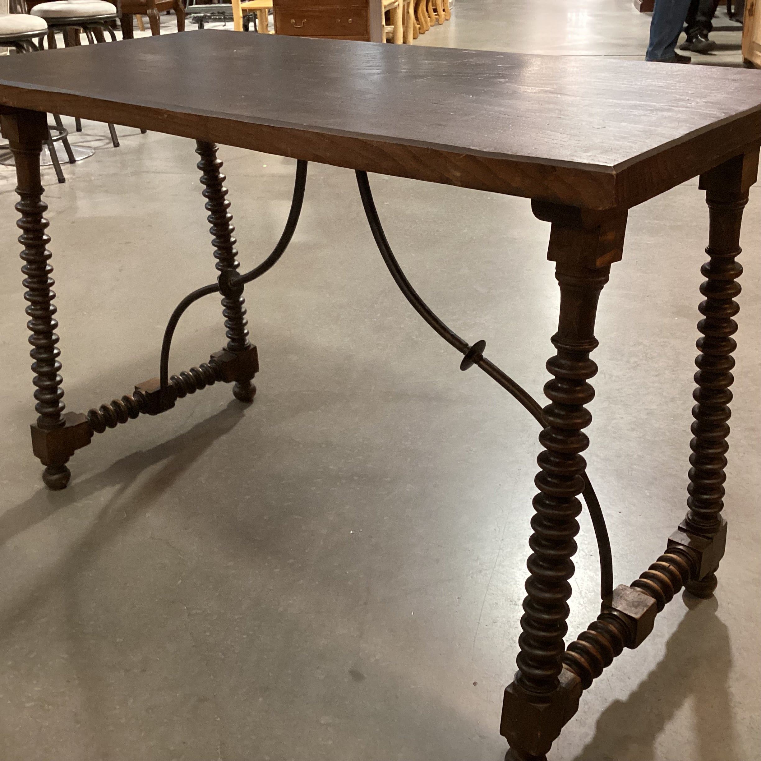 Antique Dark Finish Wood with Bobbin Turnings & Iron Stretchers Accent Table 44.5"x 22"x 28.5"
